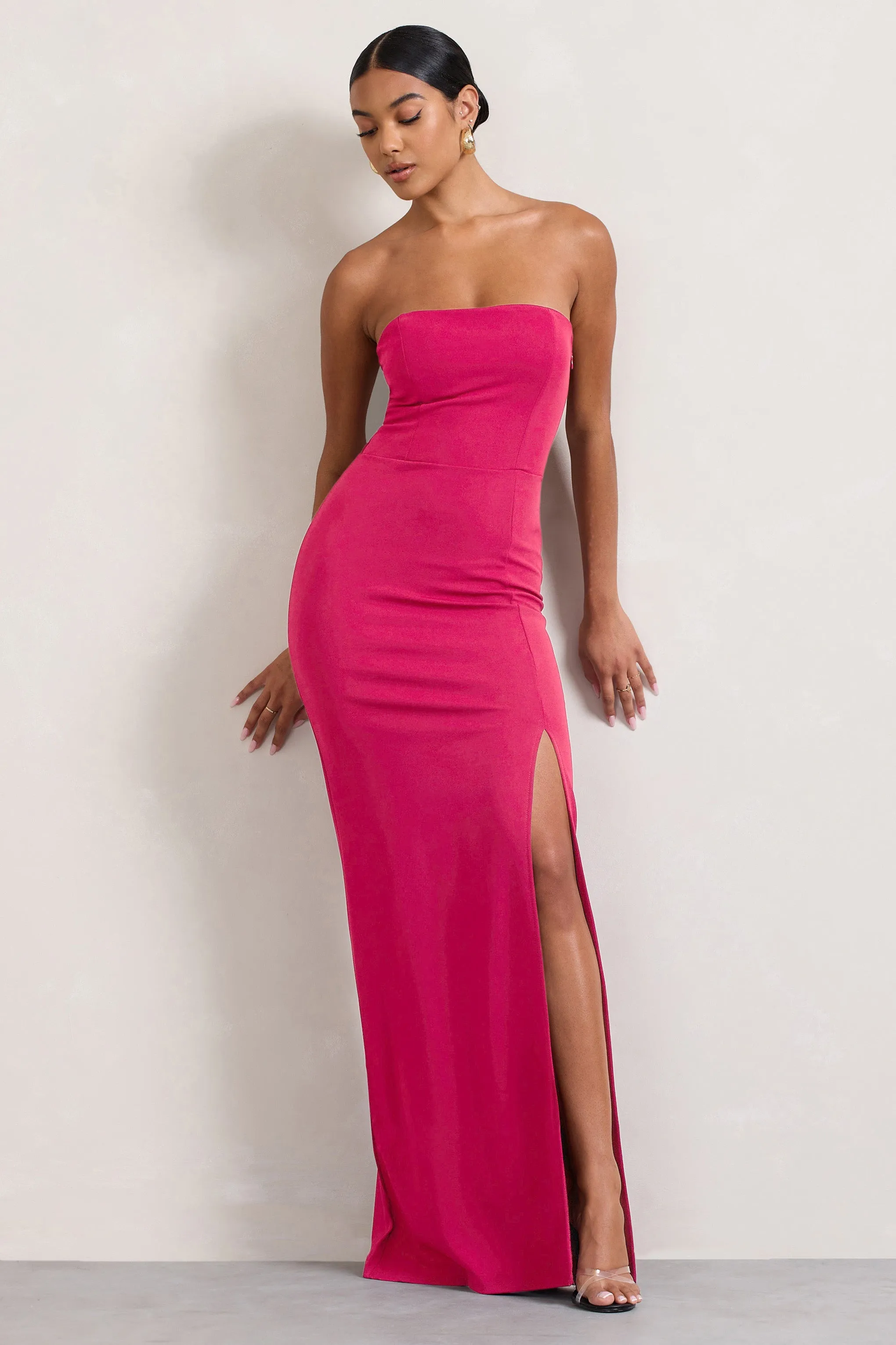 Belle of The Ball | Hot Pink Bandeau Maxi Dress With Split Hem sold by Club L London product image thumbnail 4