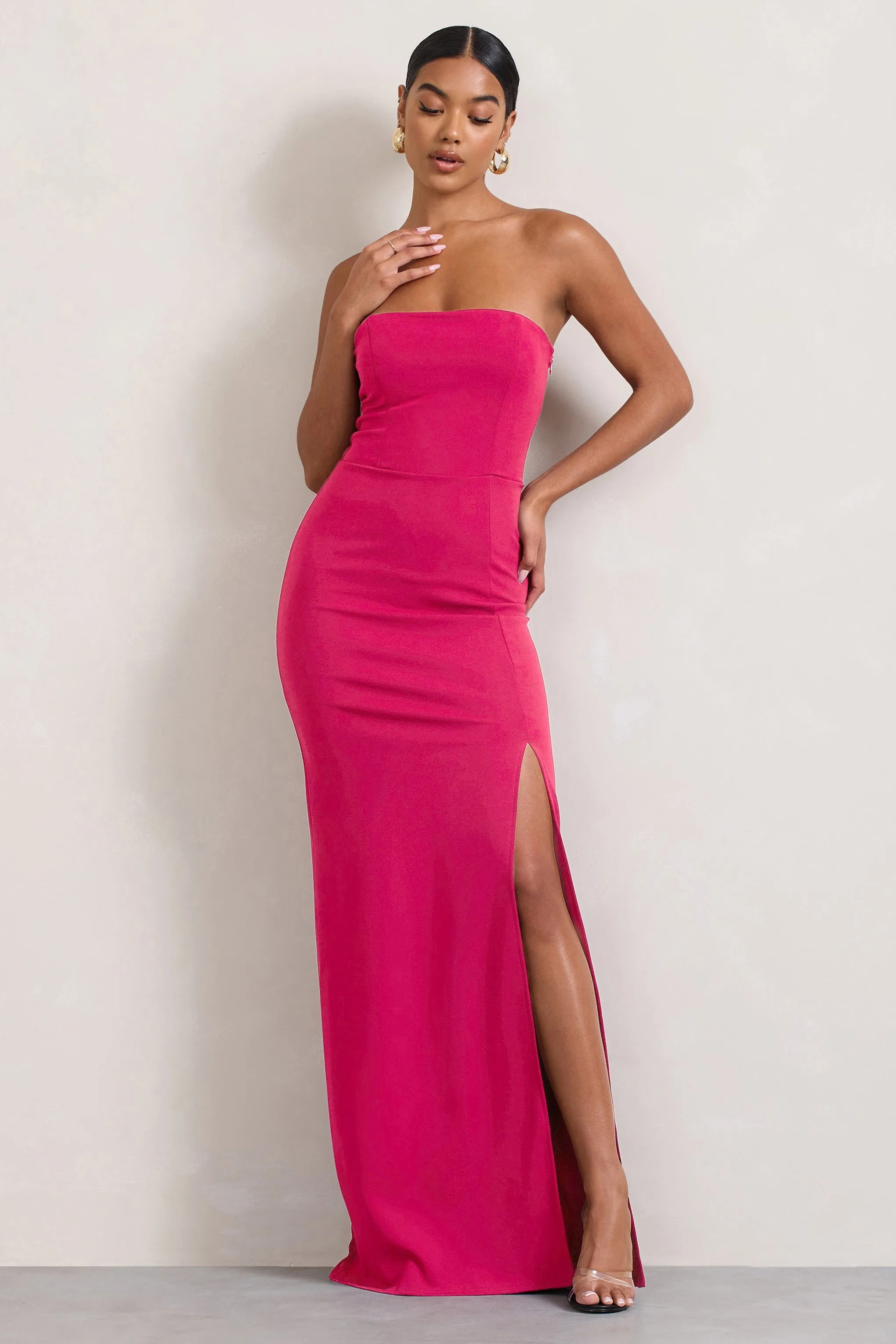 Belle of The Ball | Hot Pink Bandeau Maxi Dress With Split Hem sold by Club L London