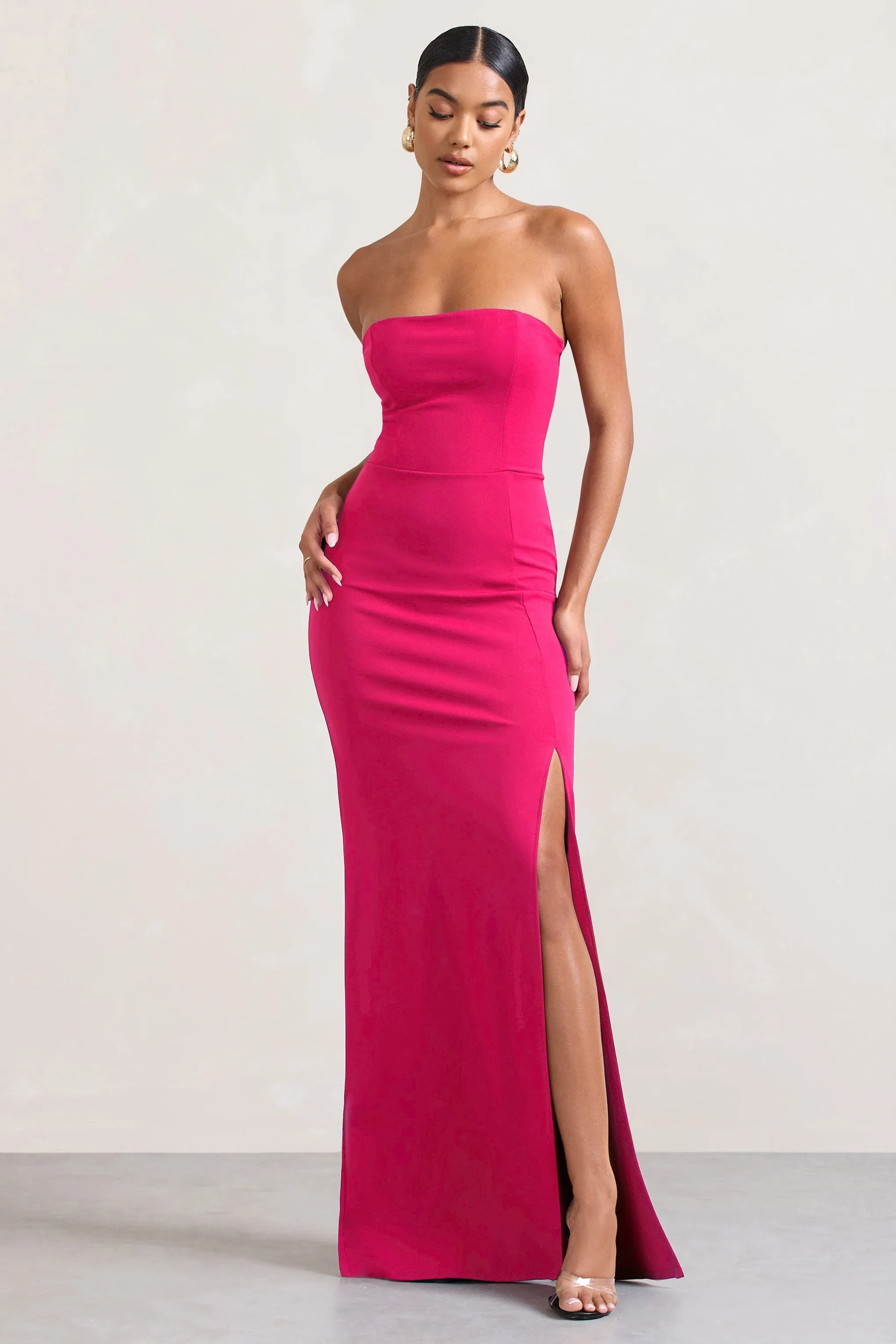 Belle of The Ball | Hot Pink Bandeau Maxi Dress With Split Hem sold by Club L London product image thumbnail 5