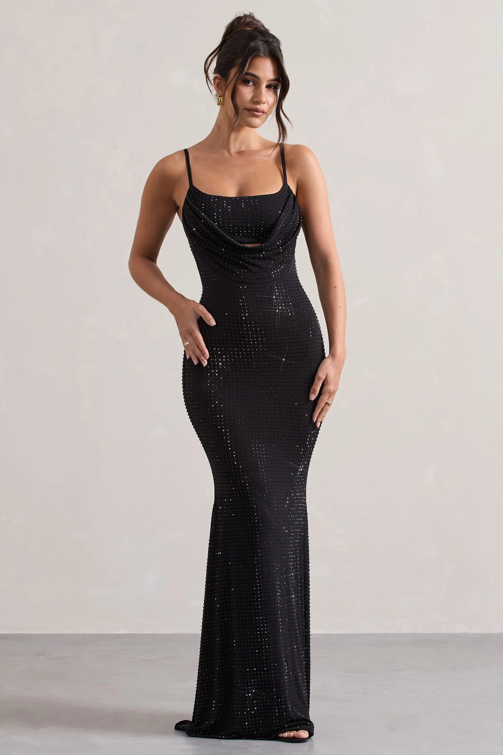 Costella | Black Embellished Strappy Cowl-Neck Maxi Dress sold by Club L London