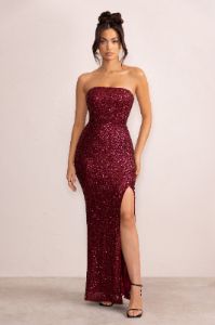 Almira | Berry Sequin Bandeau Maxi Dress With Split Hem sold by Club L London