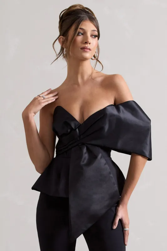 Mayfair | Black Asymmetric Bardot Top With Peplum Hem sold by Club L London