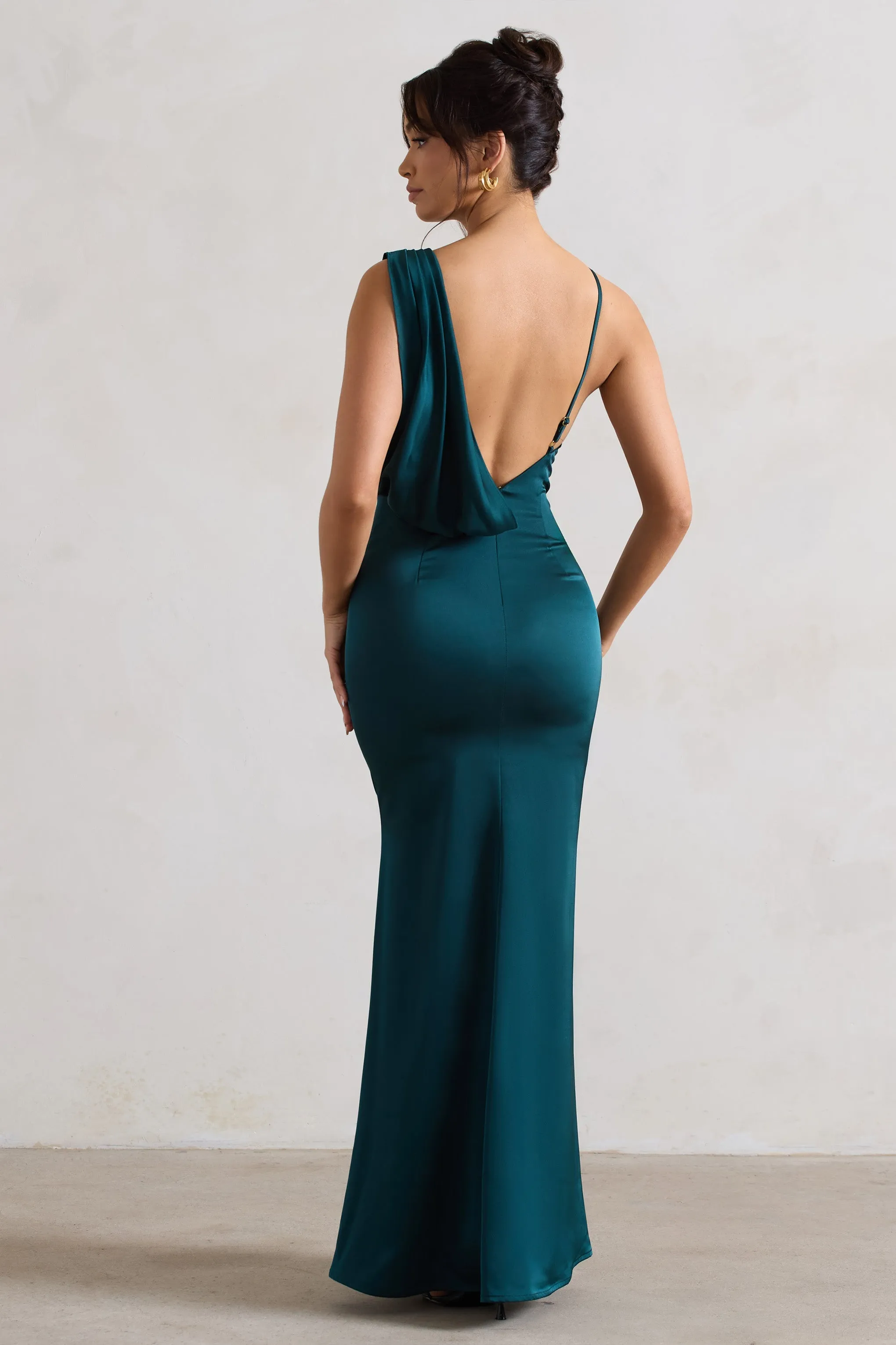 Wistful | Dark Green Satin Asymmetric Cowl-Neck Maxi Dress sold by Club L London product image thumbnail 2