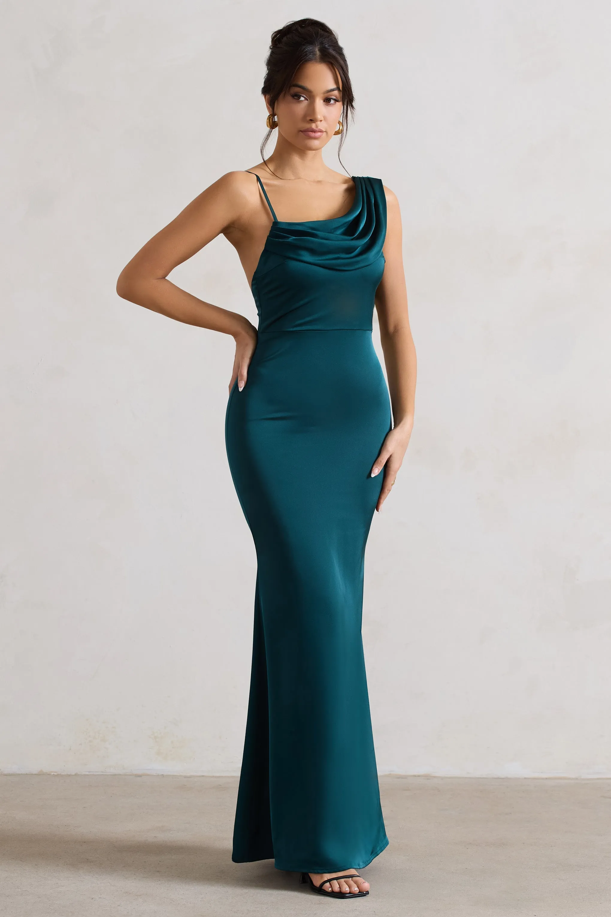 Wistful | Dark Green Satin Asymmetric Cowl-Neck Maxi Dress sold by Club L London product image thumbnail 5