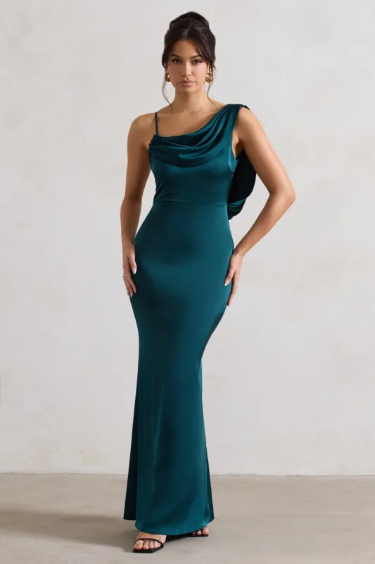 Wistful | Dark Green Satin Asymmetric Cowl-Neck Maxi Dress sold by Club L London