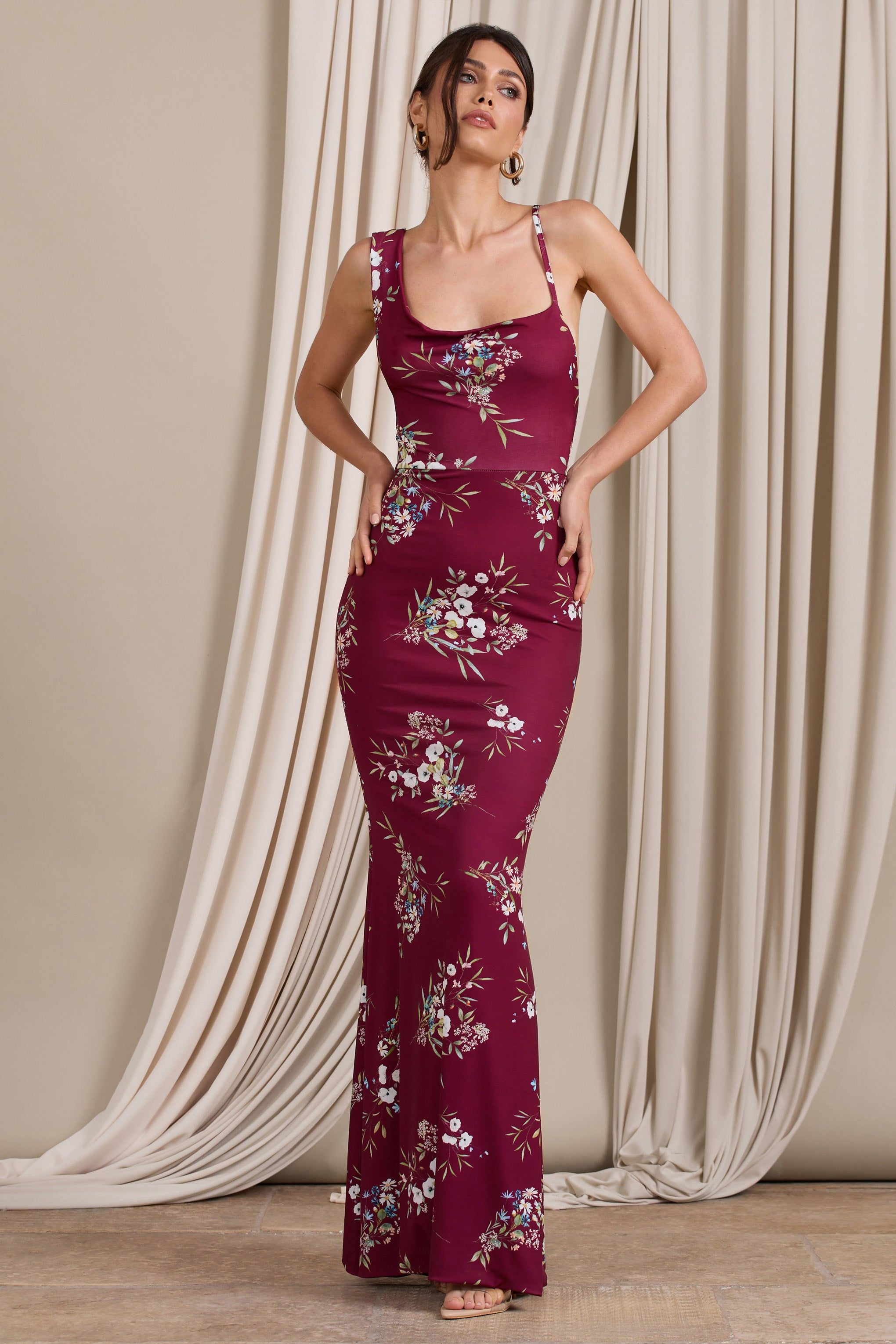 Dream of Me | Burgundy Floral Print Asymmetric Neckline Cowl Maxi Dress sold by Club L London product image thumbnail 4