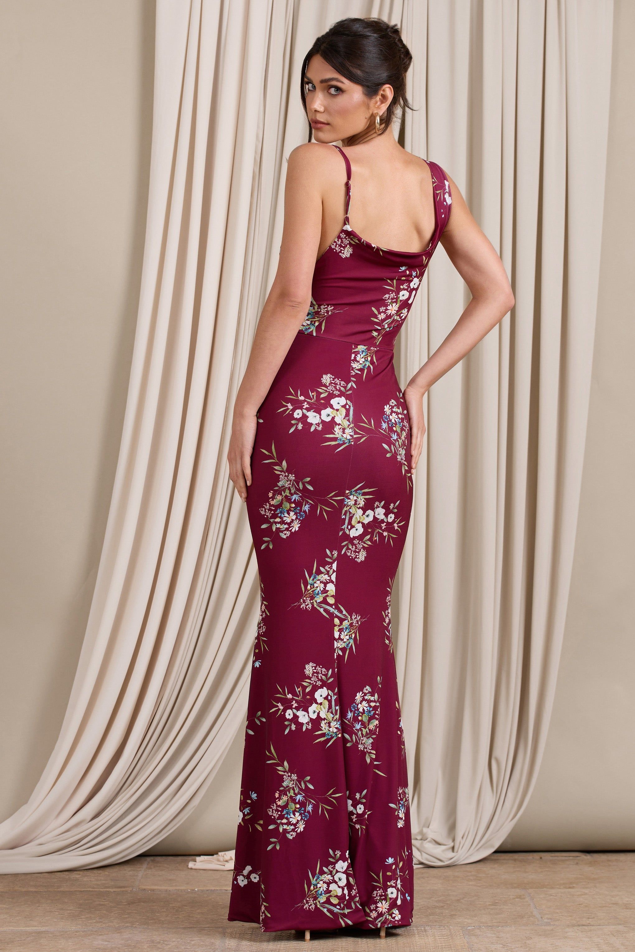 Dream of Me | Burgundy Floral Print Asymmetric Neckline Cowl Maxi Dress sold by Club L London product image thumbnail 2