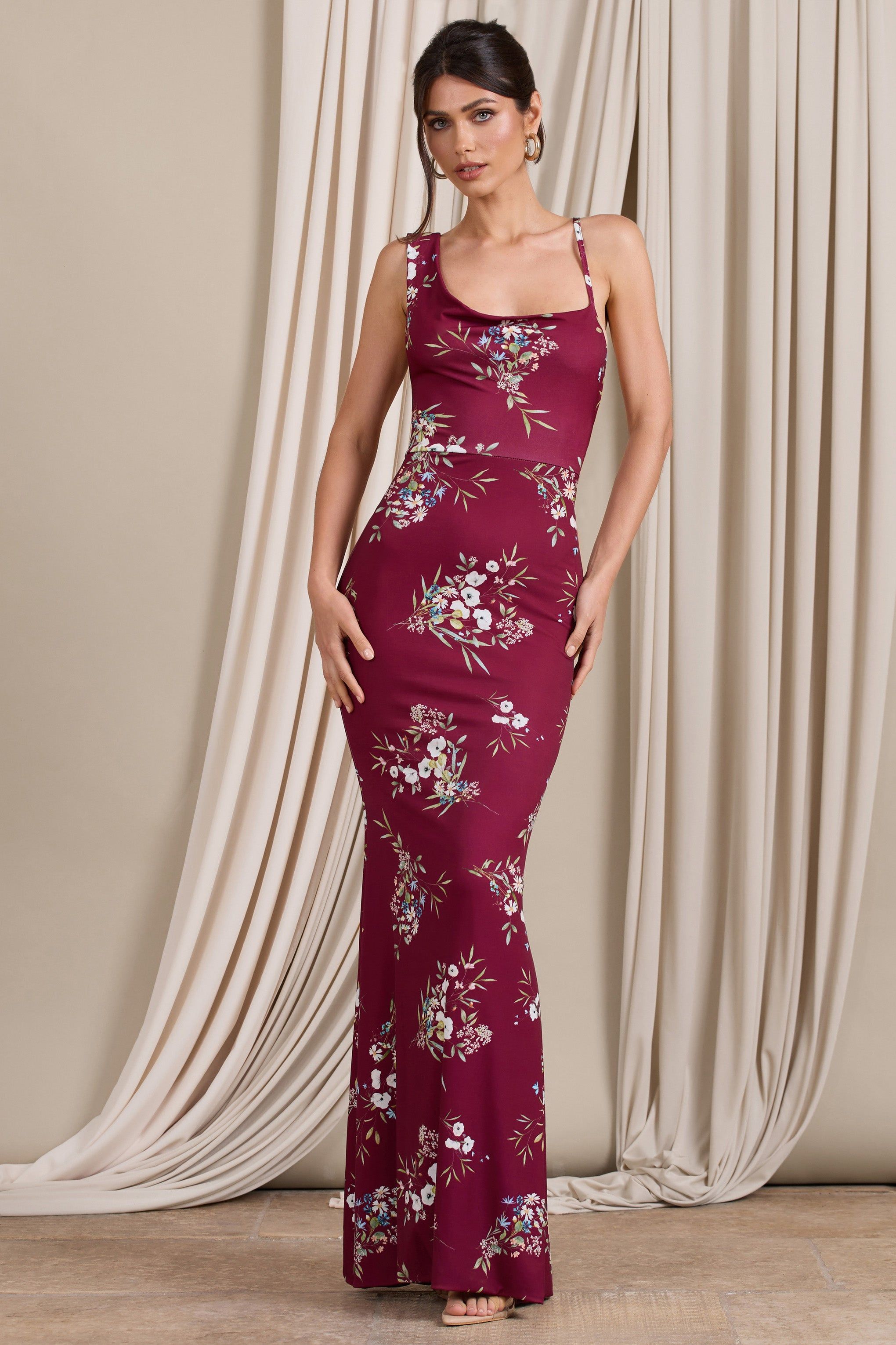 Dream of Me | Burgundy Floral Print Asymmetric Neckline Cowl Maxi Dress sold by Club L London