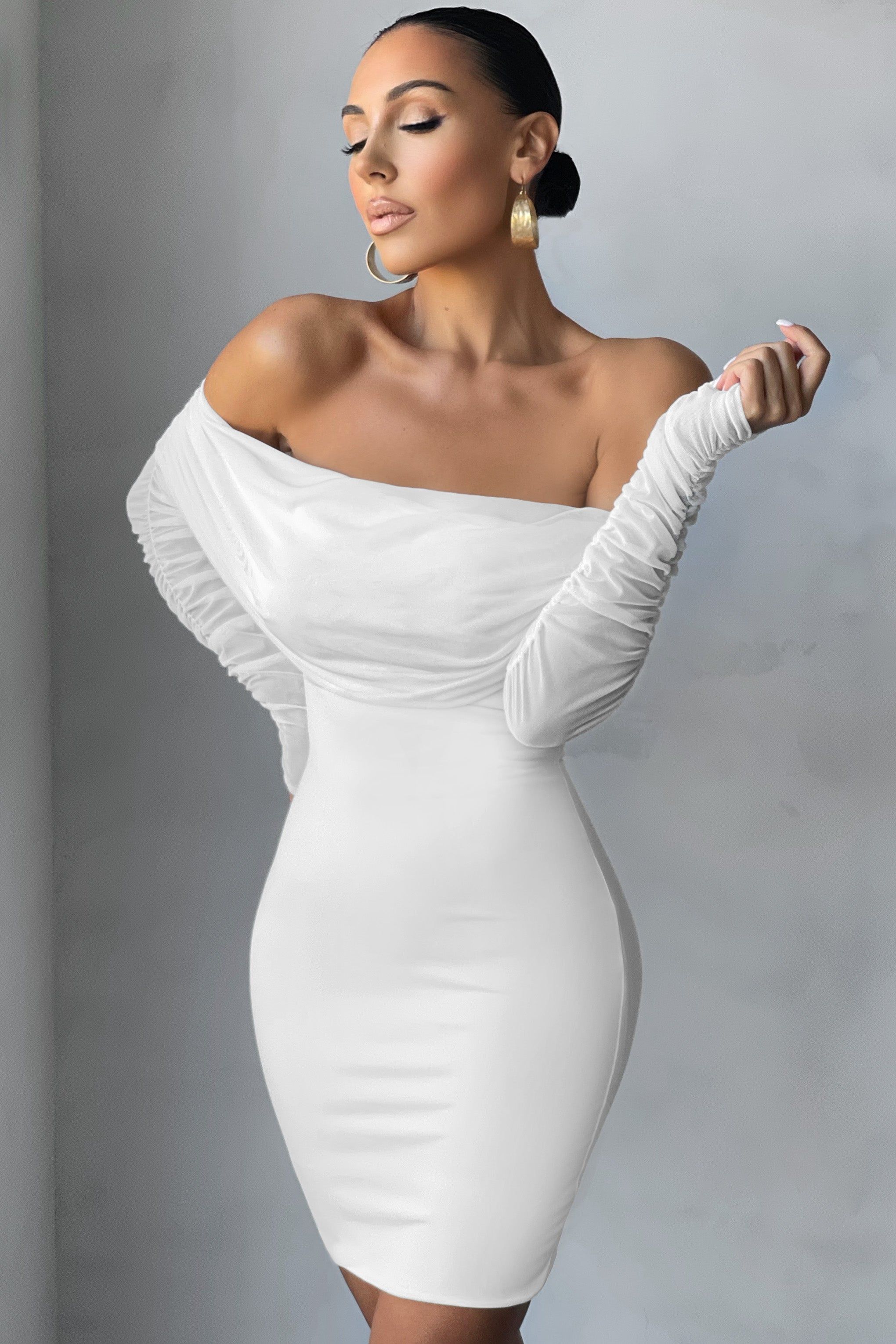 Minnie | White Ruched Mesh Bardot Bodycon Mini Dress sold by Club L London product image thumbnail 3