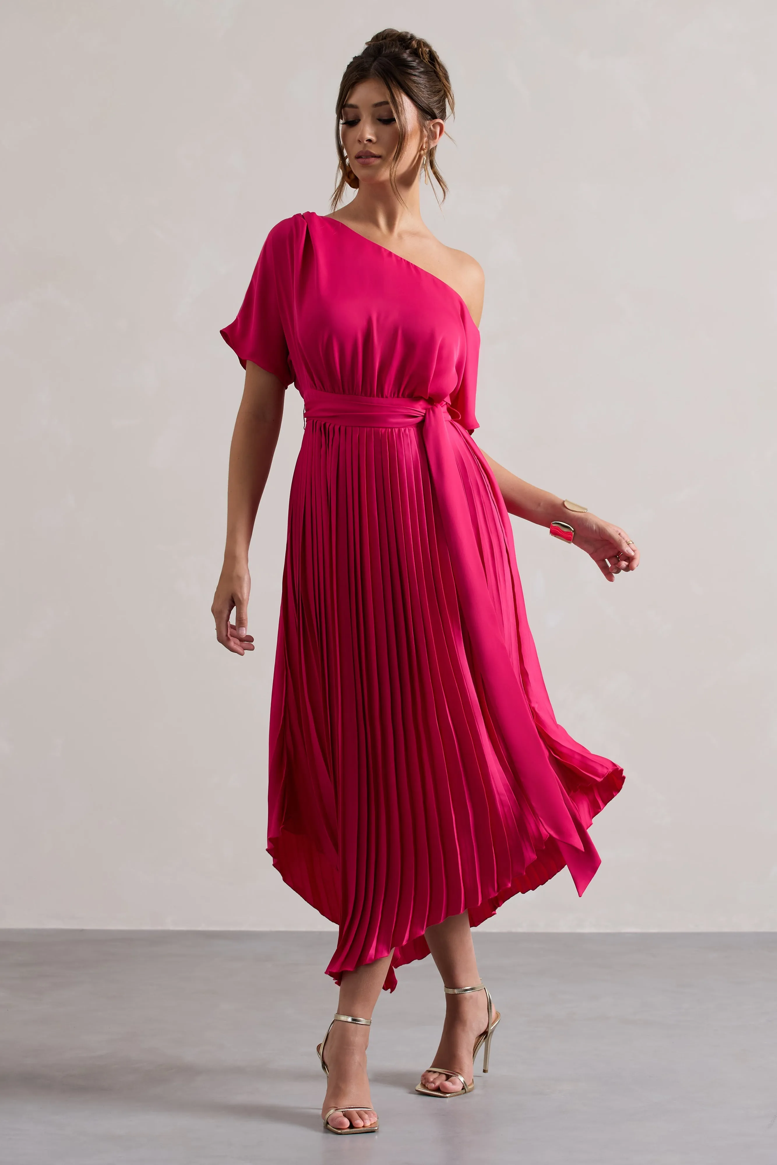 India | Hot Pink Satin Asymmetric Plisse Maxi Dress sold by Club L London product image thumbnail 4