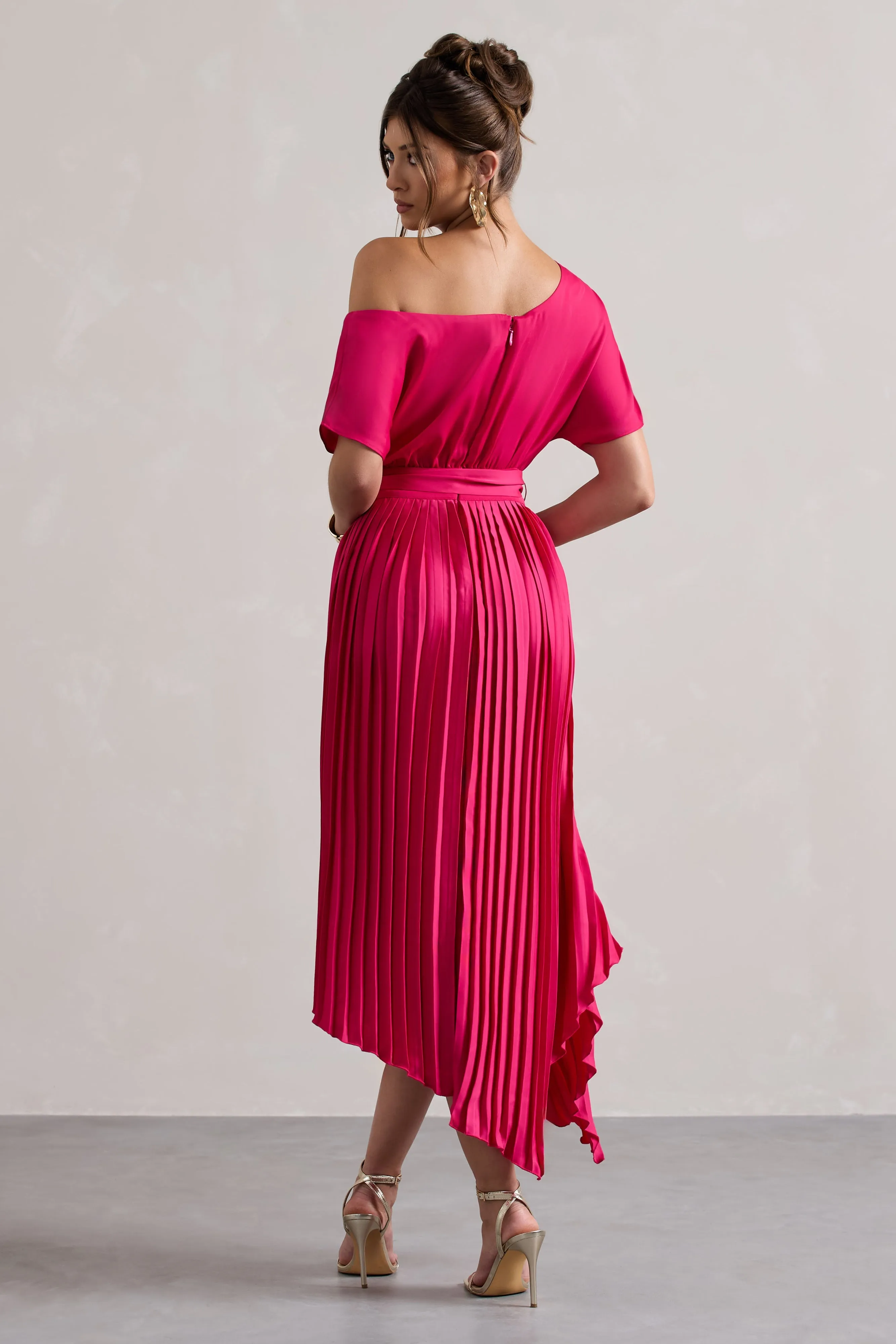 India | Hot Pink Satin Asymmetric Plisse Maxi Dress sold by Club L London product image thumbnail 2