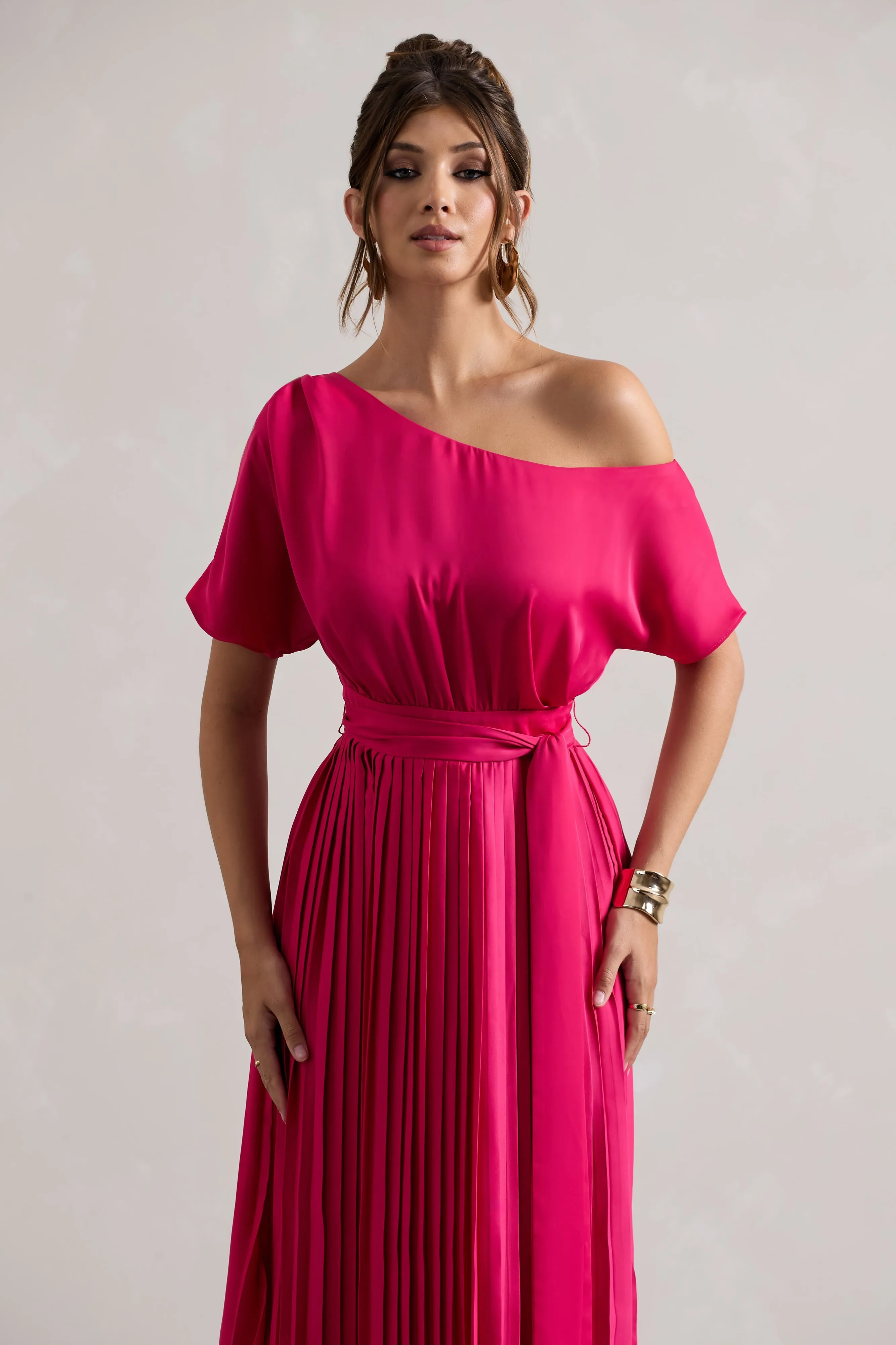 India | Hot Pink Satin Asymmetric Plisse Maxi Dress sold by Club L London product image thumbnail 3