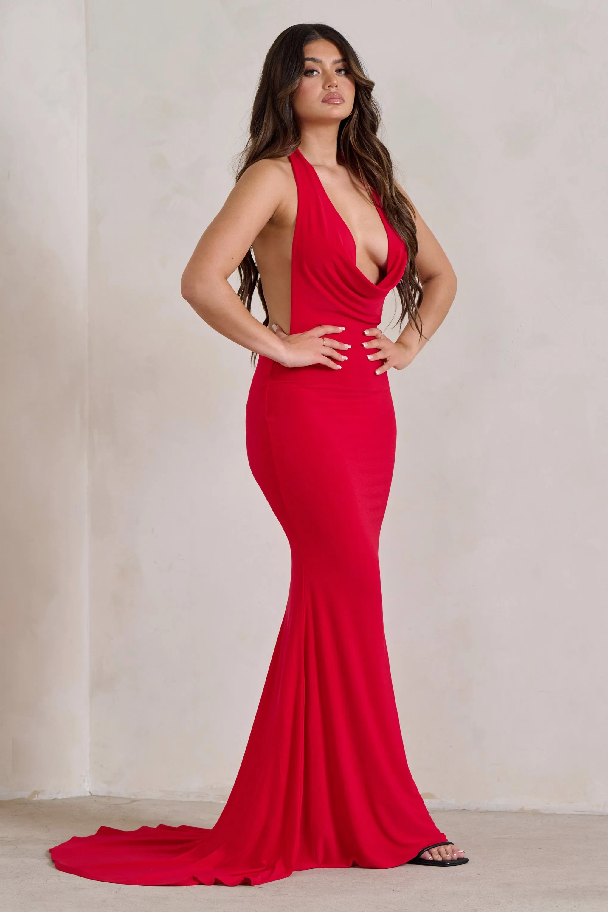Saffina | Red Cowl Neck Low Back Maxi Dress sold by Club L London product image thumbnail 4