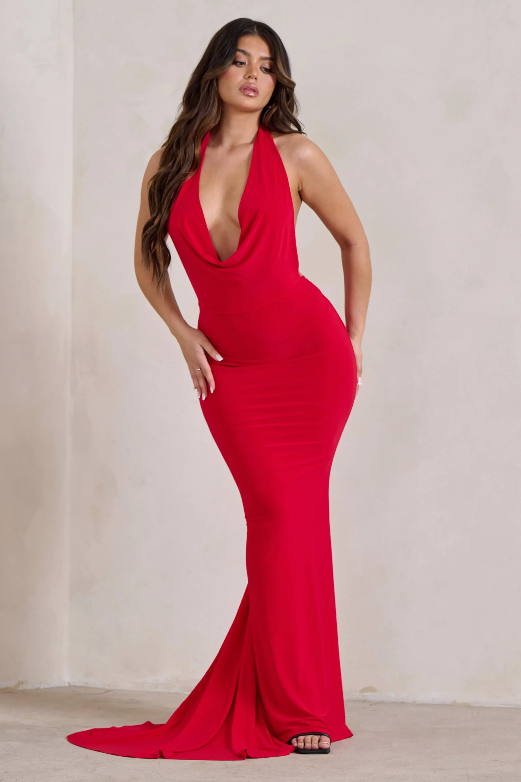 Saffina | Red Cowl Neck Low Back Maxi Dress sold by Club L London