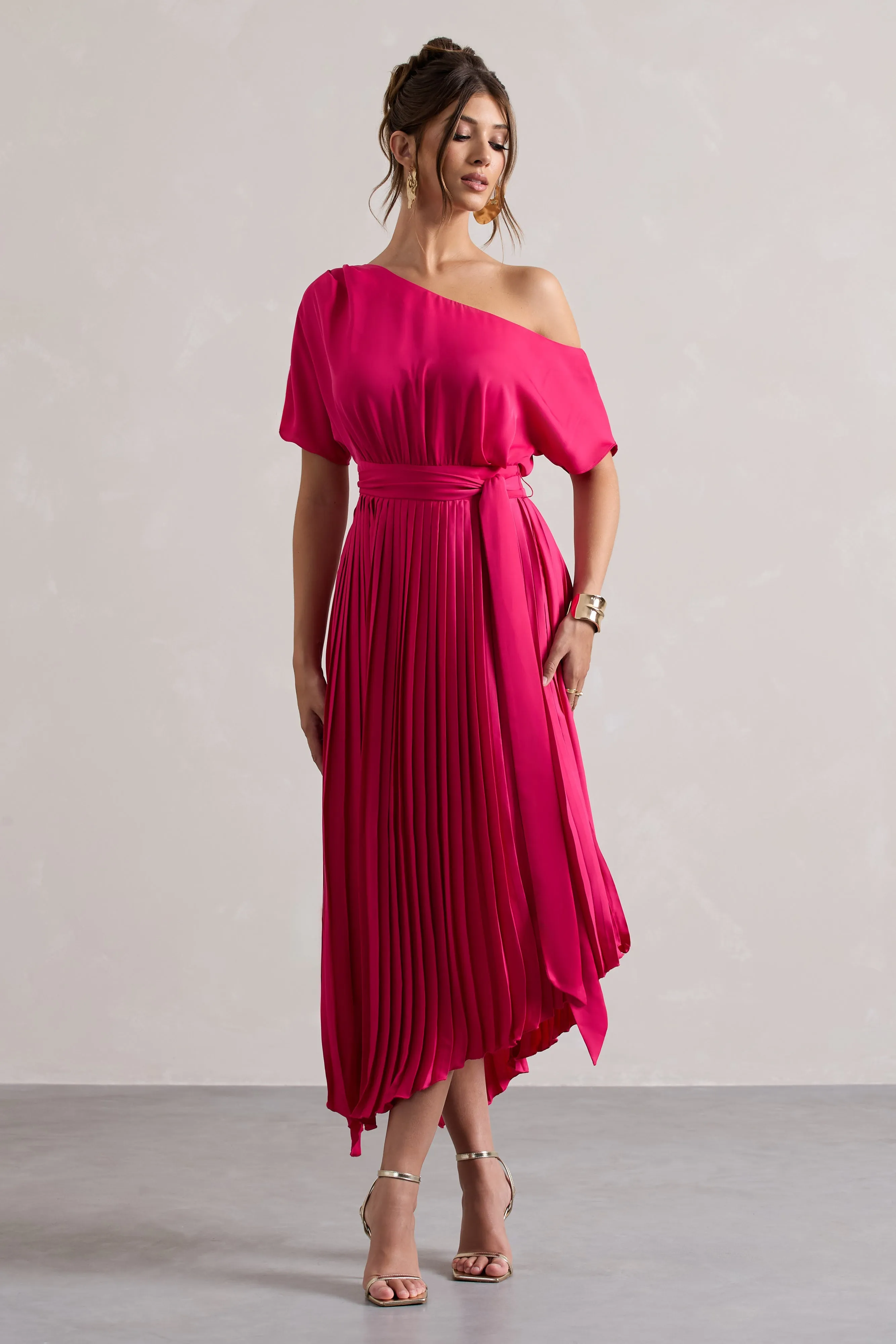 India | Hot Pink Satin Asymmetric Plisse Maxi Dress sold by Club L London