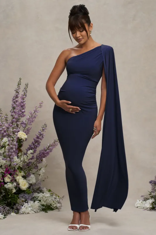 Amaryllis | Navy Maternity One Shoulder Maxi Dress with Cape Sleeve sold by Club L London