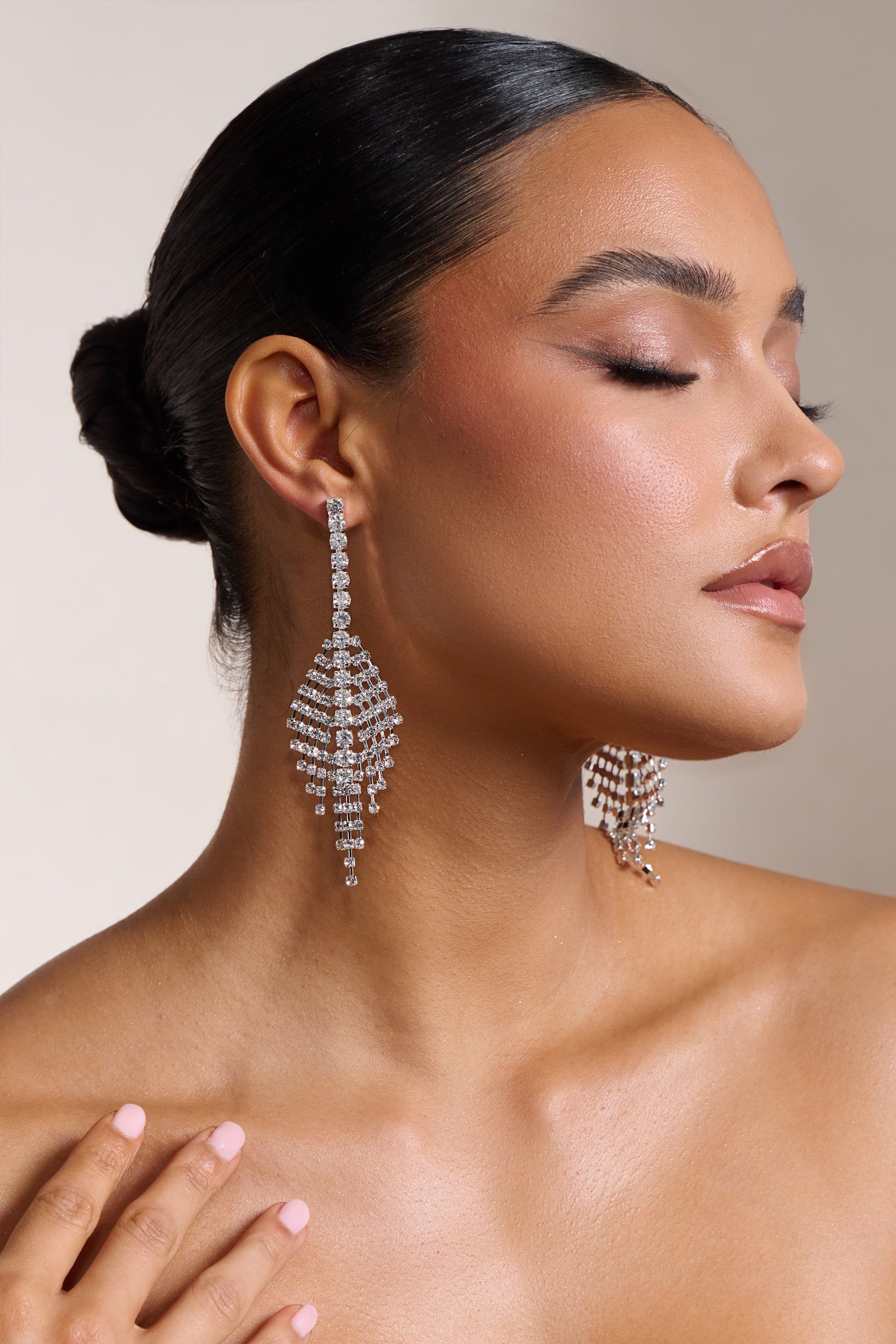 Heather | Silver Diamante Drop Earrings sold by Club L London product image thumbnail 3