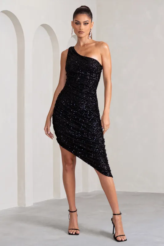 Friya | Black Sequin Asymmetrical One Shoulder Ruched Midi Dress sold by Club L London