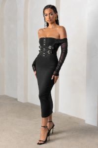 Precious Treasure | Black Bardot Corset Buckle Detail Midi Dress With Mesh Sleeves sold by Club L London