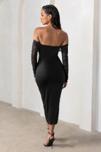 Precious Treasure | Black Bardot Corset Buckle Detail Midi Dress With Mesh Sleeves sold by Club L London