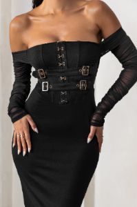 Precious Treasure | Black Bardot Corset Buckle Detail Midi Dress With Mesh Sleeves sold by Club L London