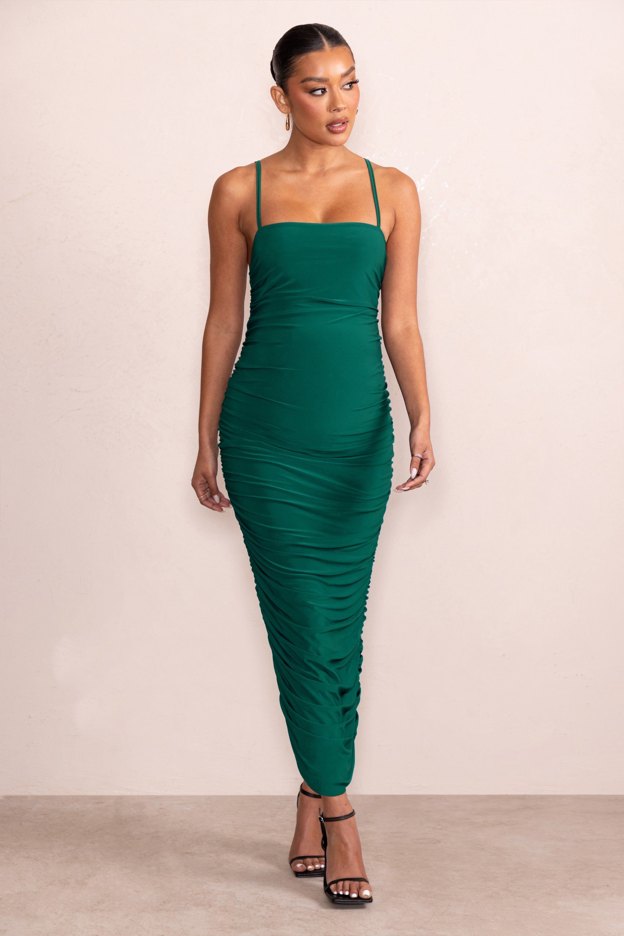 Sentimental | Bottle Green Maternity Midi Dress with Cami Straps and Ruching sold by Club L London product image thumbnail 5