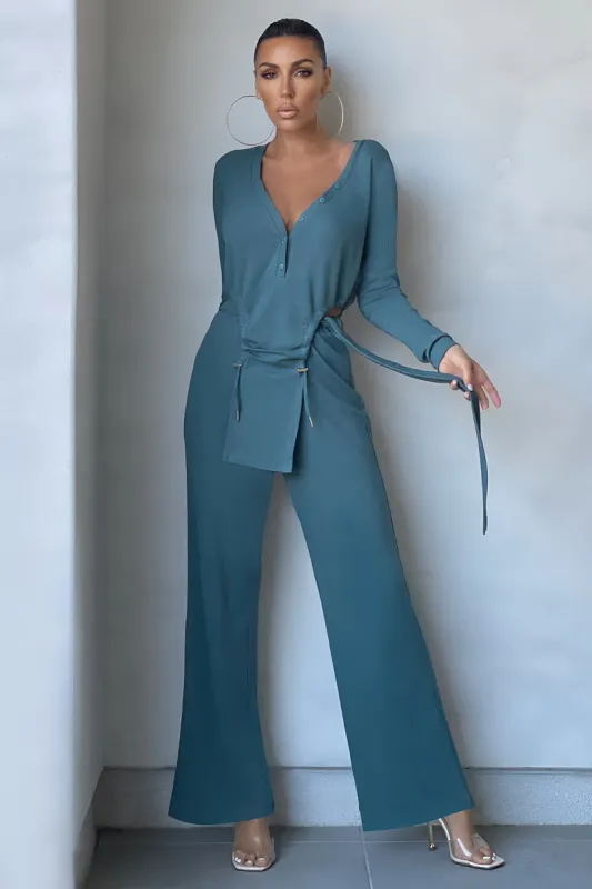 Number One | Petrol Blue Ribbed Wide Leg Belted Trousers sold by Club L London