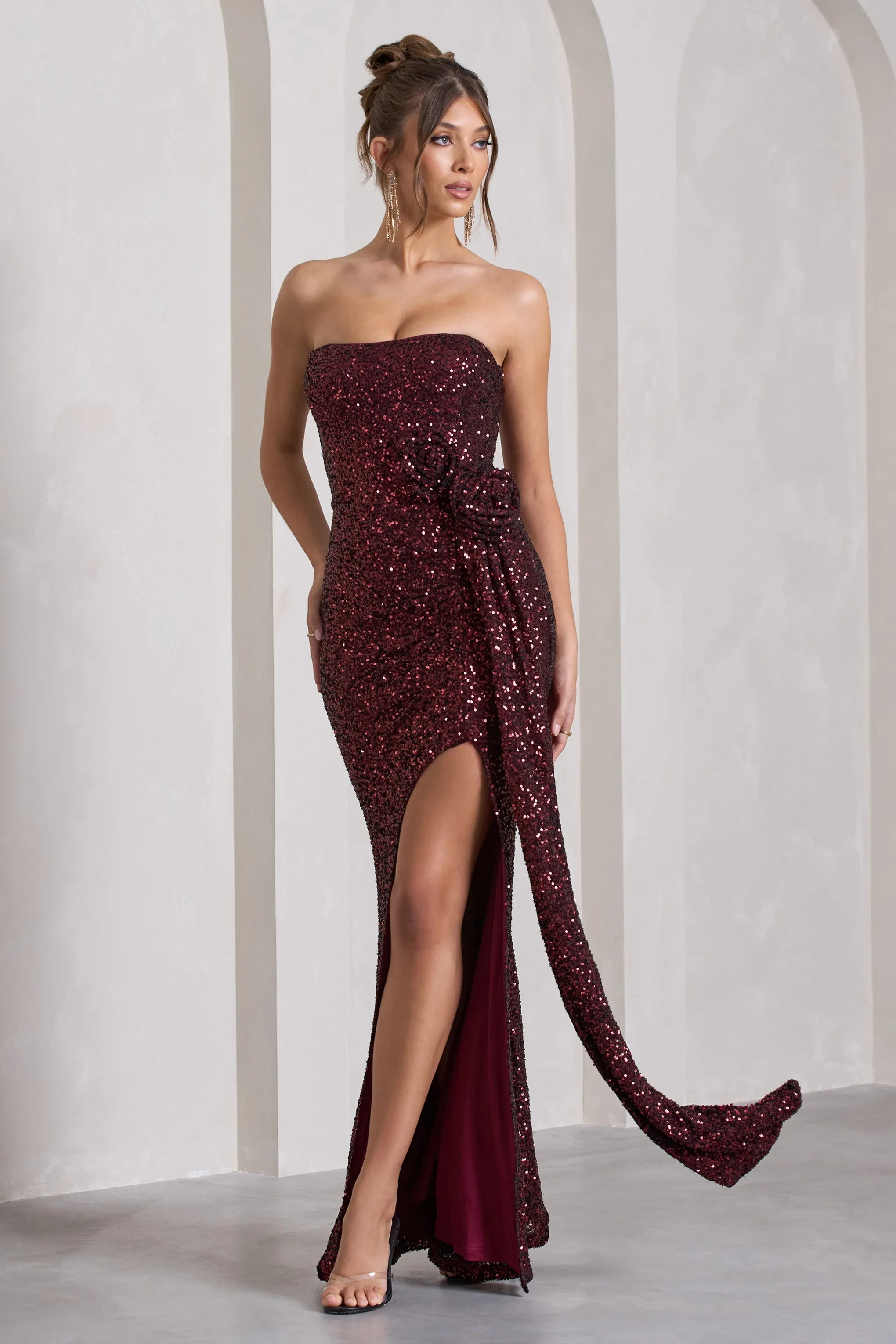 Alexandria | Burgundy Sequin Corset Maxi Dress With Flowers sold by Club L London product image thumbnail 5