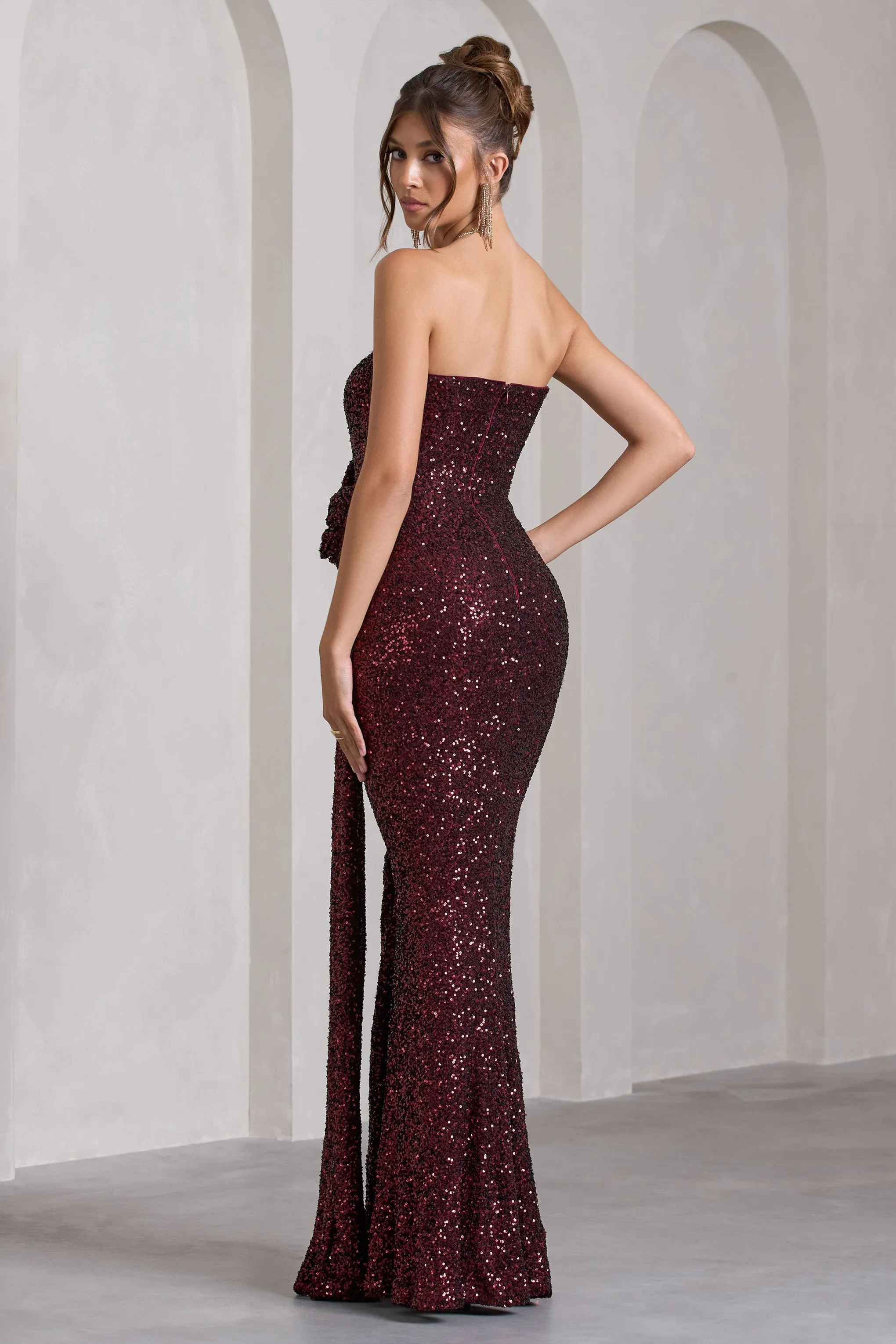 Alexandria | Burgundy Sequin Corset Maxi Dress With Flowers sold by Club L London product image thumbnail 2
