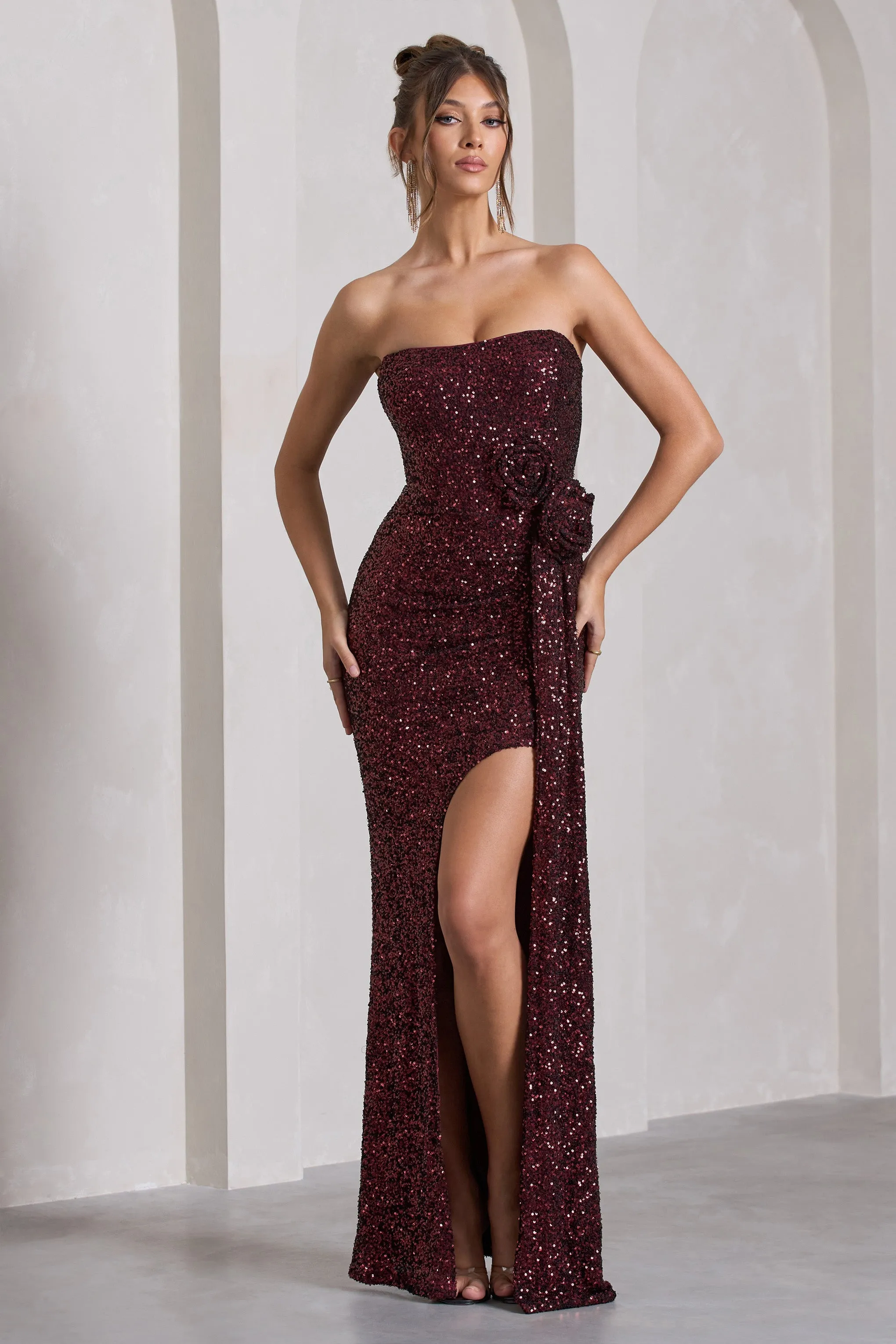 Alexandria | Burgundy Sequin Corset Maxi Dress With Flowers sold by Club L London