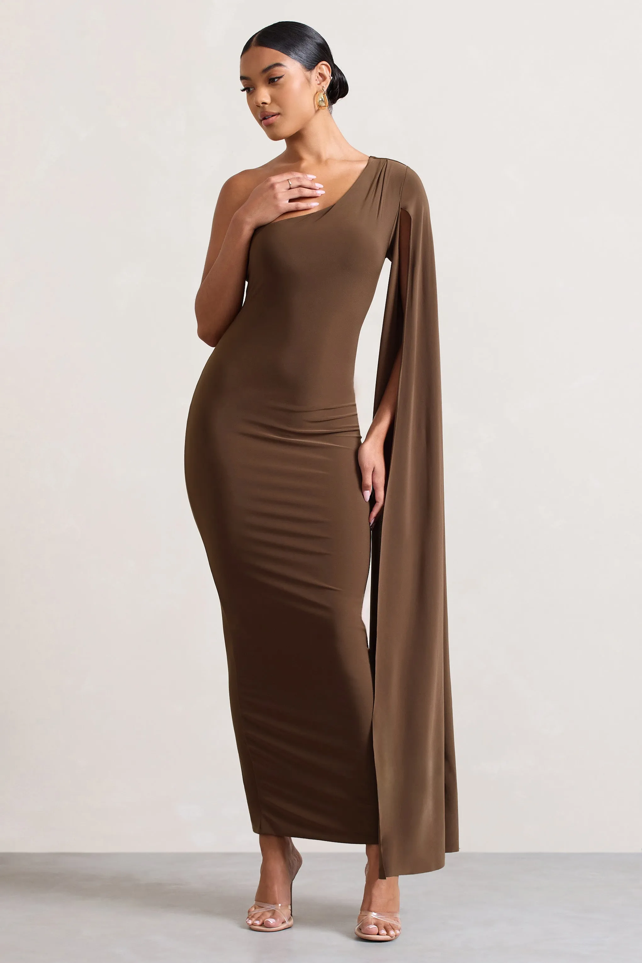Dominique | Chocolate Brown One Shoulder Cape Sleeve Bodycon Maxi Dress sold by Club L London product image thumbnail 4