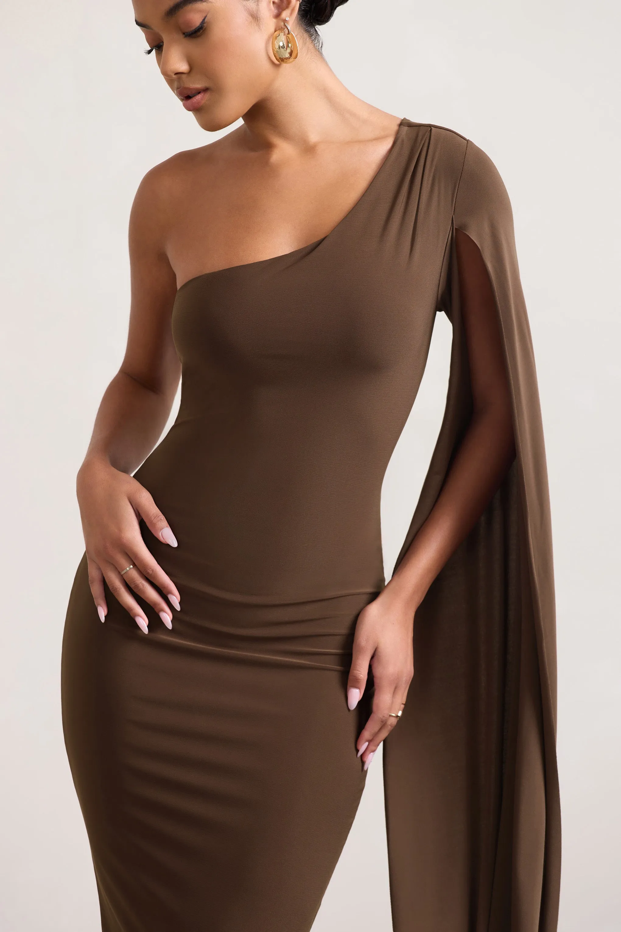 Dominique | Chocolate Brown One Shoulder Cape Sleeve Bodycon Maxi Dress sold by Club L London product image thumbnail 3