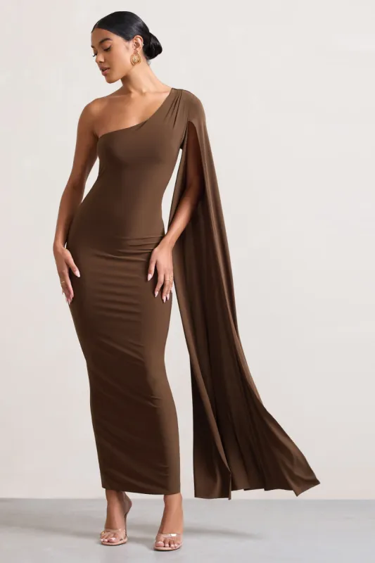 Dominique | Chocolate Brown One Shoulder Cape Sleeve Bodycon Maxi Dress sold by Club L London
