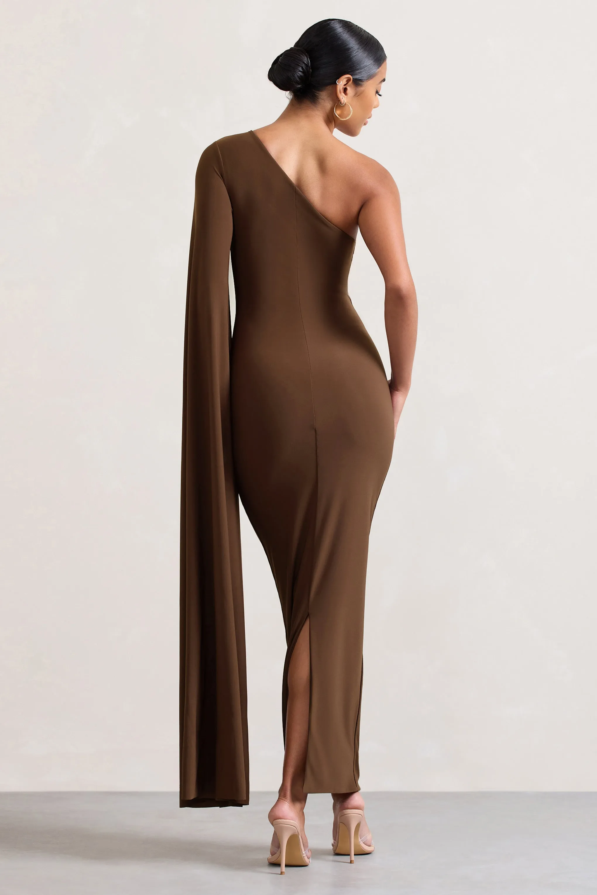 Dominique | Chocolate Brown One Shoulder Cape Sleeve Bodycon Maxi Dress sold by Club L London product image thumbnail 2