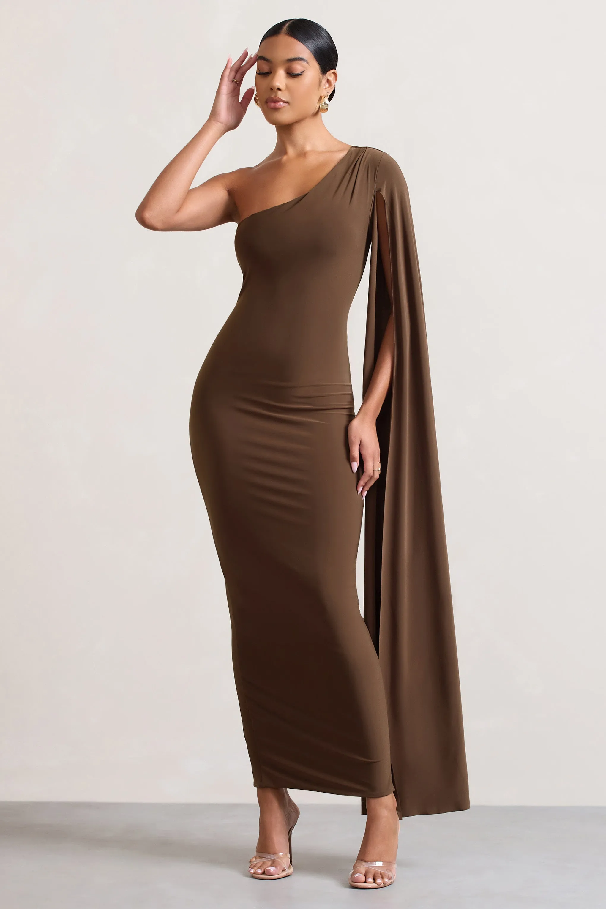 Dominique | Chocolate Brown One Shoulder Cape Sleeve Bodycon Maxi Dress sold by Club L London product image thumbnail 5