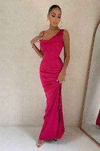 Belonging | Berry Ruched Cowl Maxi Dress sold by Club L London
