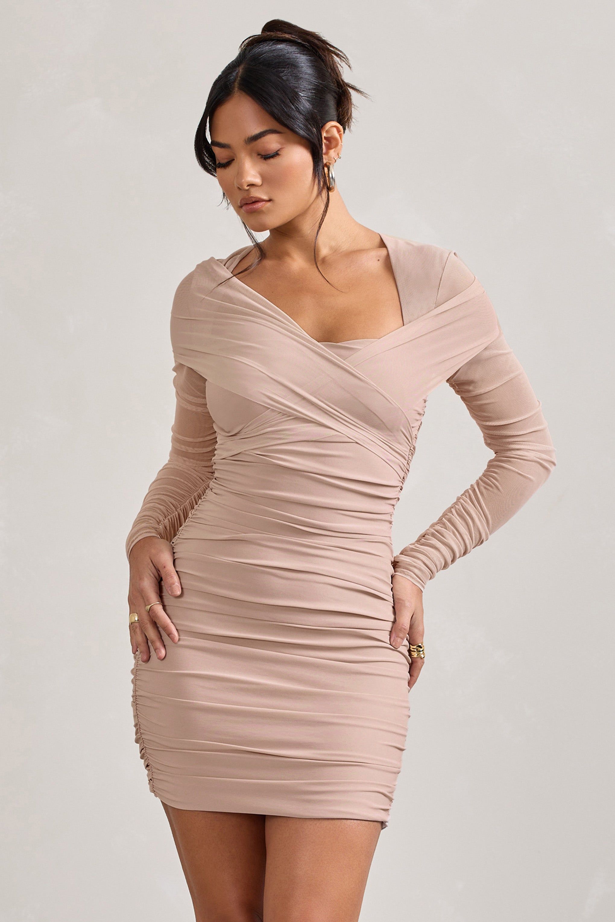 Sparks Fly | Nude Ruched Mesh Long-Sleeved Bodycon Mini Dress sold by Club L London product image thumbnail 5