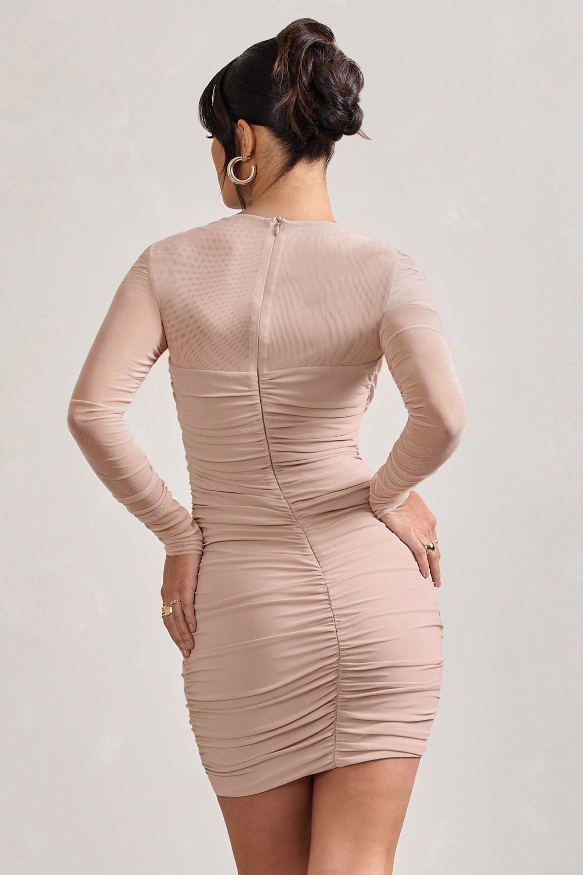 Sparks Fly | Nude Ruched Mesh Long-Sleeved Bodycon Mini Dress sold by Club L London product image thumbnail 3
