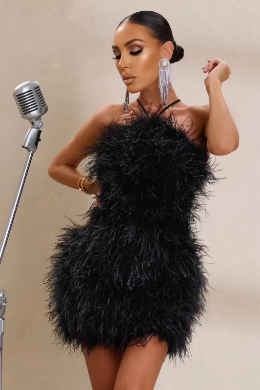 Power Up | Black Feather Halter Neck Mini Dress sold by Club L London