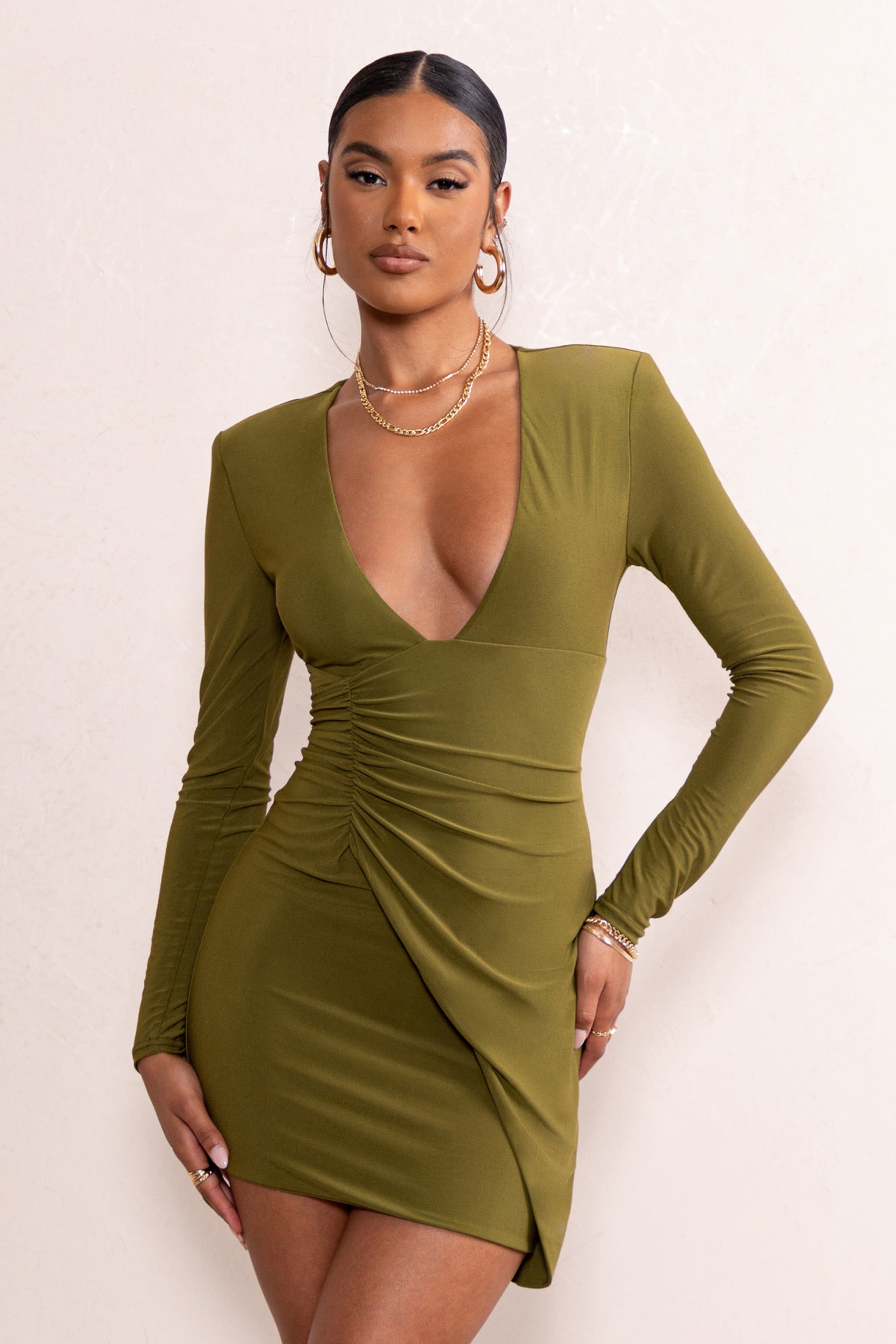 Elora | Khaki Long Sleeved Plunge Neck Ruched Side Mini Dress sold by Club L London product image thumbnail 4