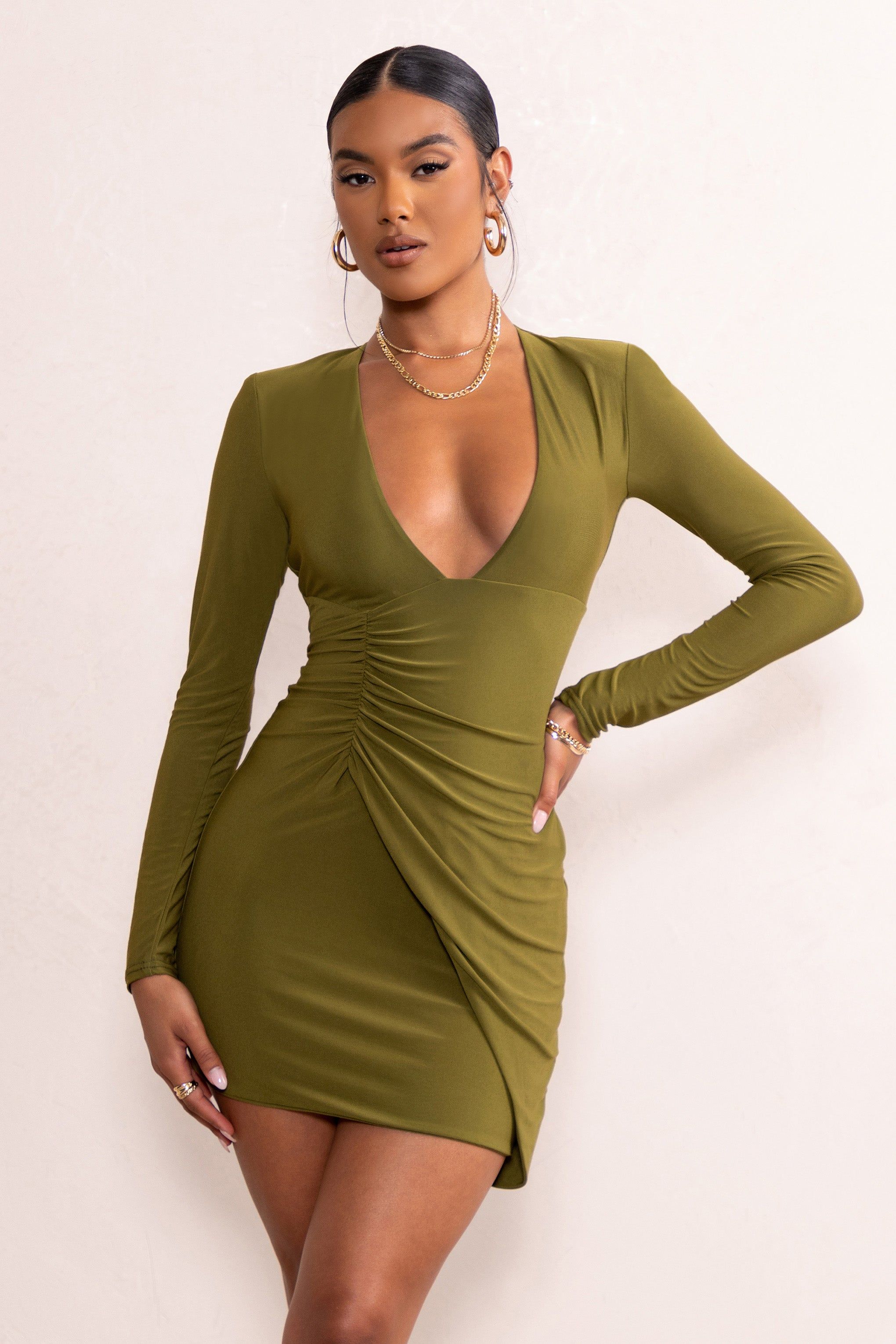 Elora | Khaki Long Sleeved Plunge Neck Ruched Side Mini Dress sold by Club L London product image thumbnail 5