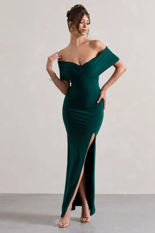 Refined | Bottle Green Twist Front Bardot Maxi Dress sold by Club L London