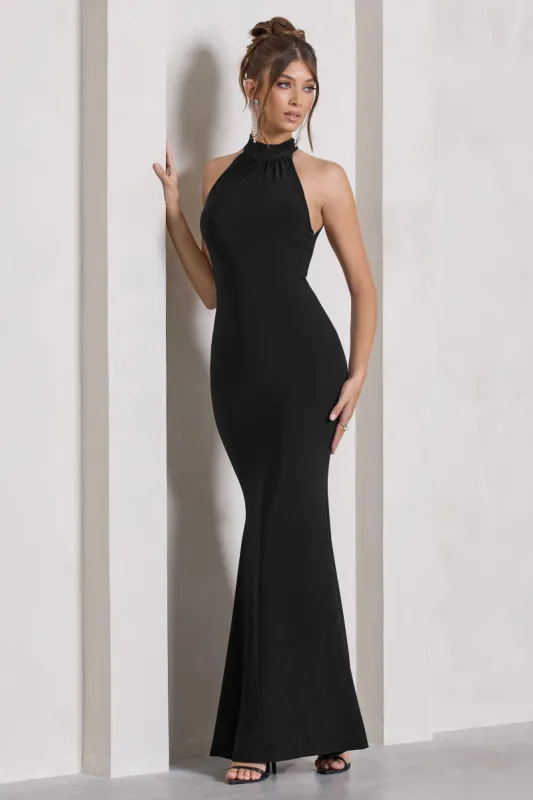 Malika | Black Sleeveless Halter-Neck Maxi Dress sold by Club L London