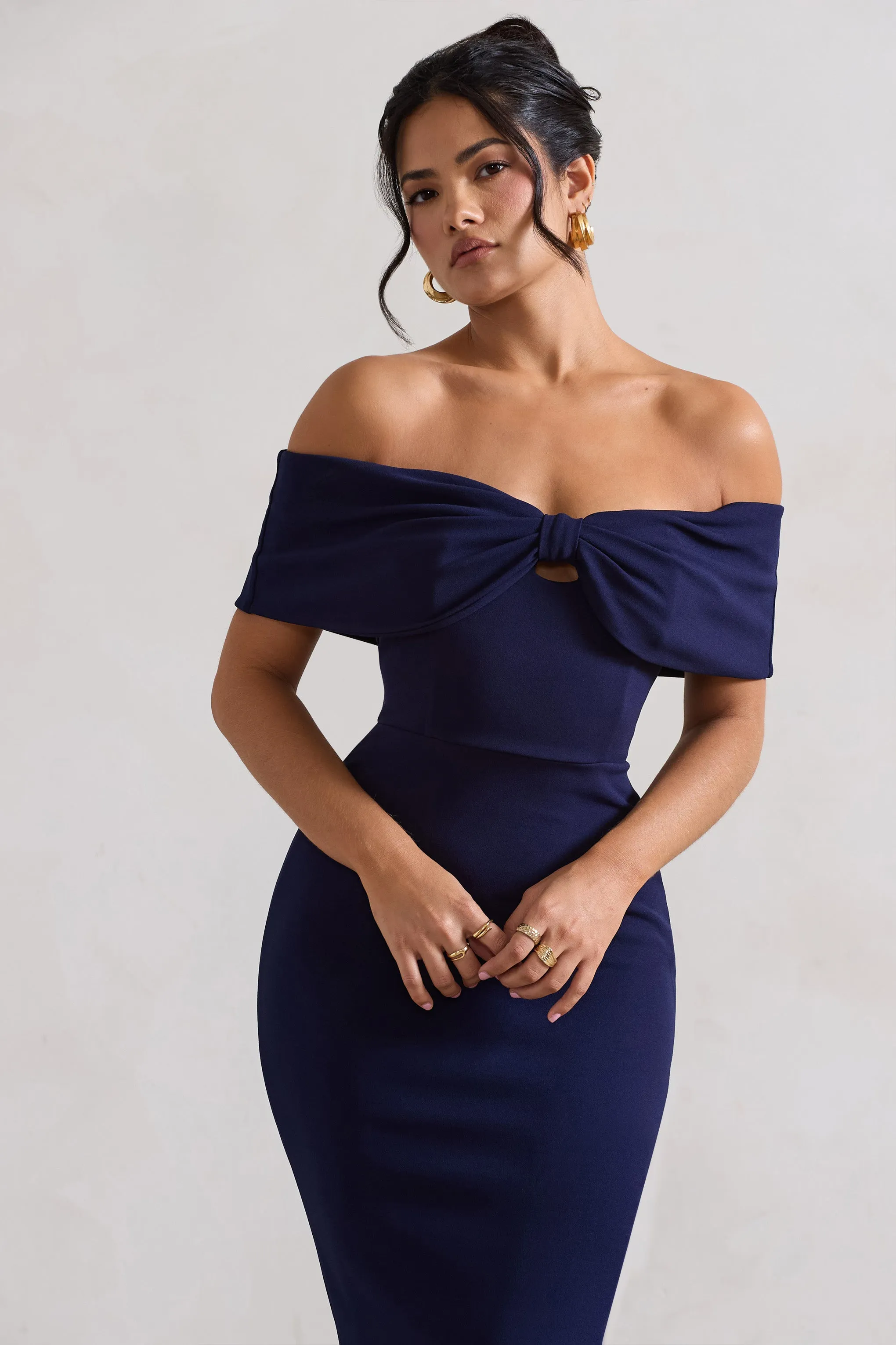 Hope | Navy Bow Bardot Midi Dress sold by Club L London product image thumbnail 3