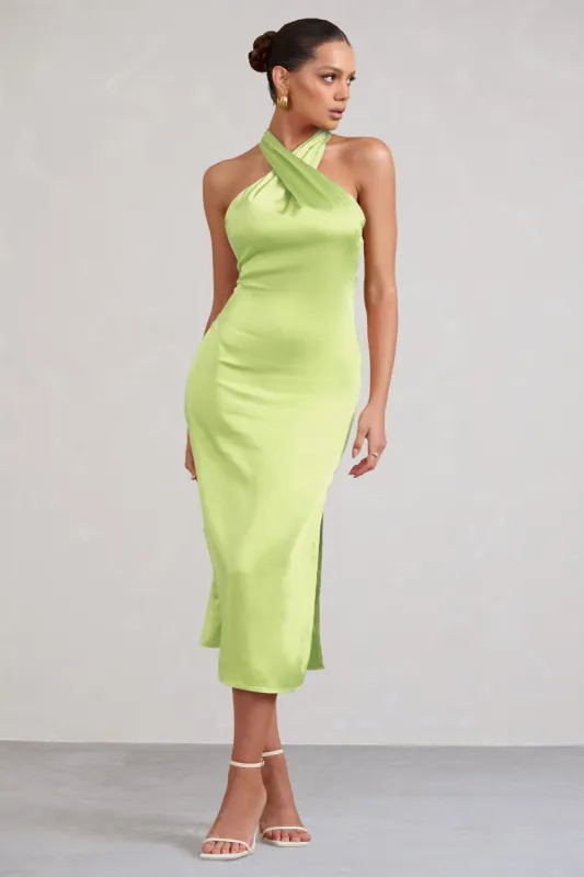 Dazzling | Lime Satin Cross Over Halter Neck Midi Dress sold by Club L London
