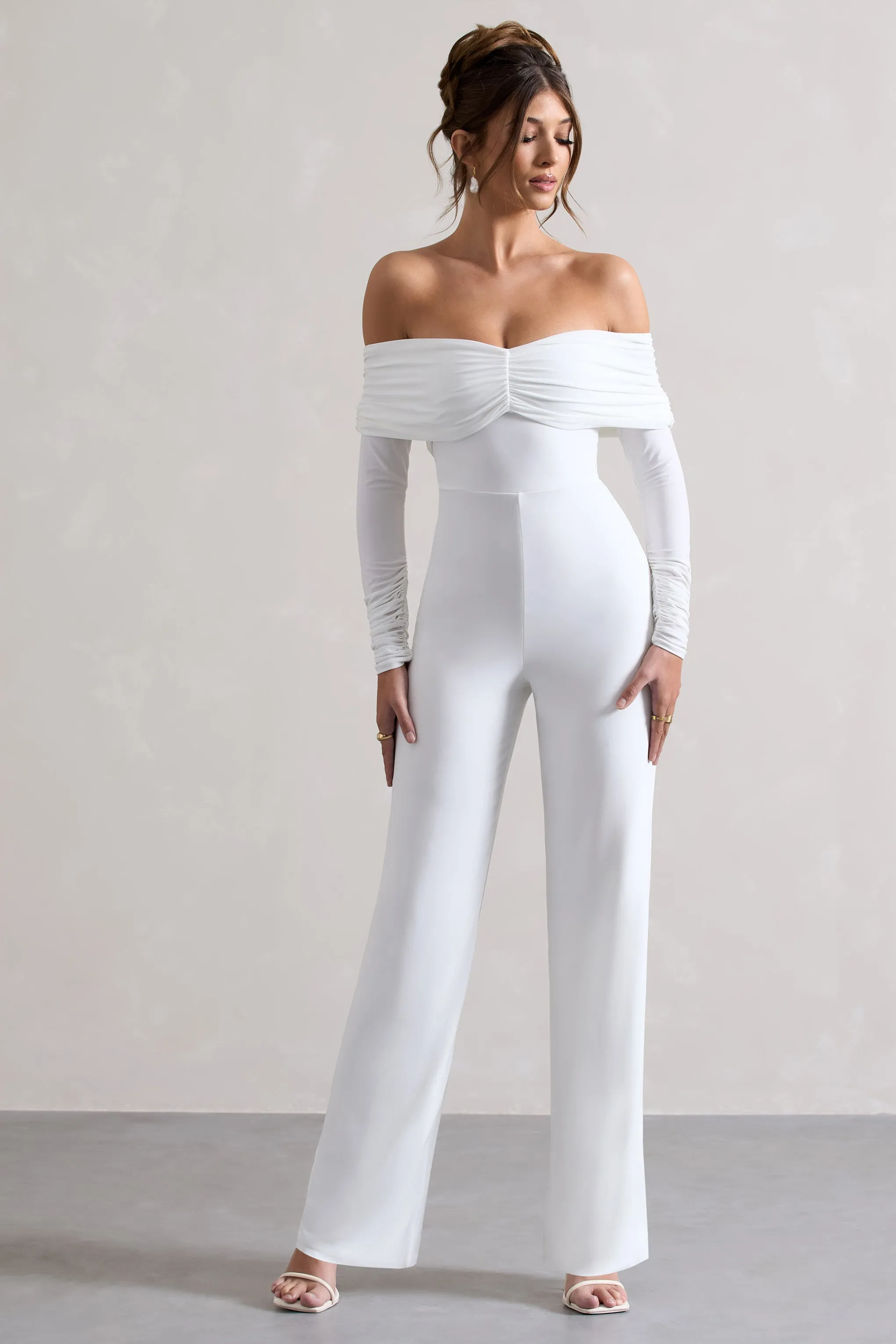 Jules | White Bardot Long-Sleeve Straight-Leg Jumpsuit sold by Club L London product image thumbnail 4