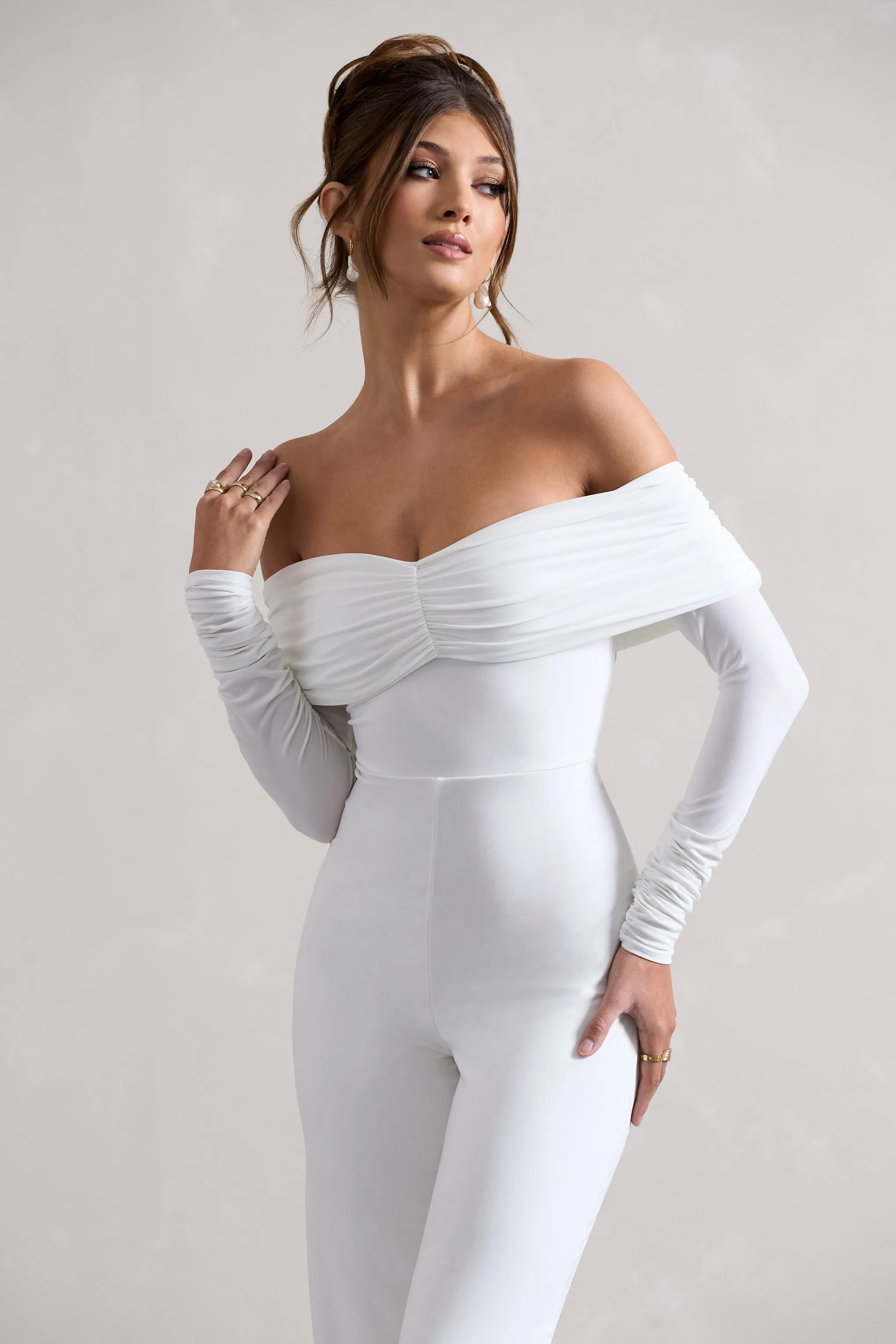 Jules | White Bardot Long-Sleeve Straight-Leg Jumpsuit sold by Club L London product image thumbnail 3