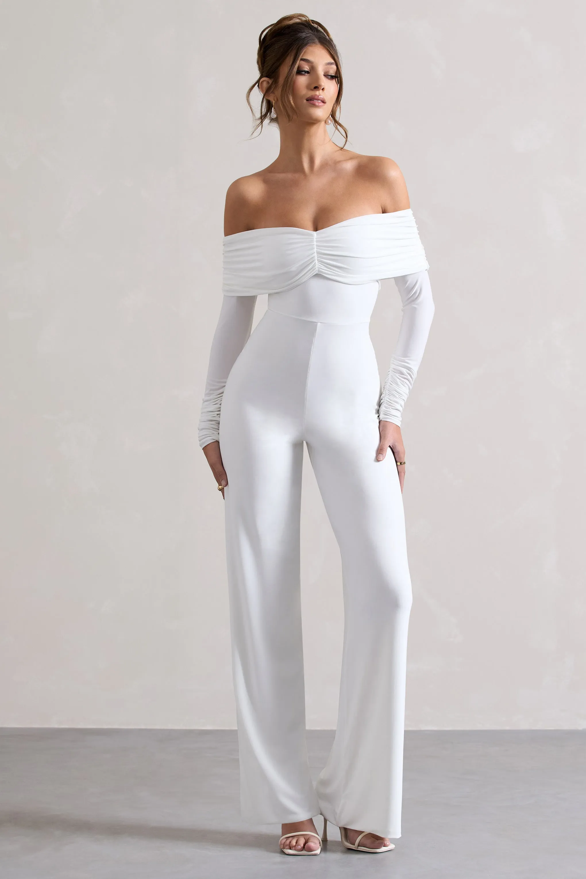 Jules | White Bardot Long-Sleeve Straight-Leg Jumpsuit sold by Club L London