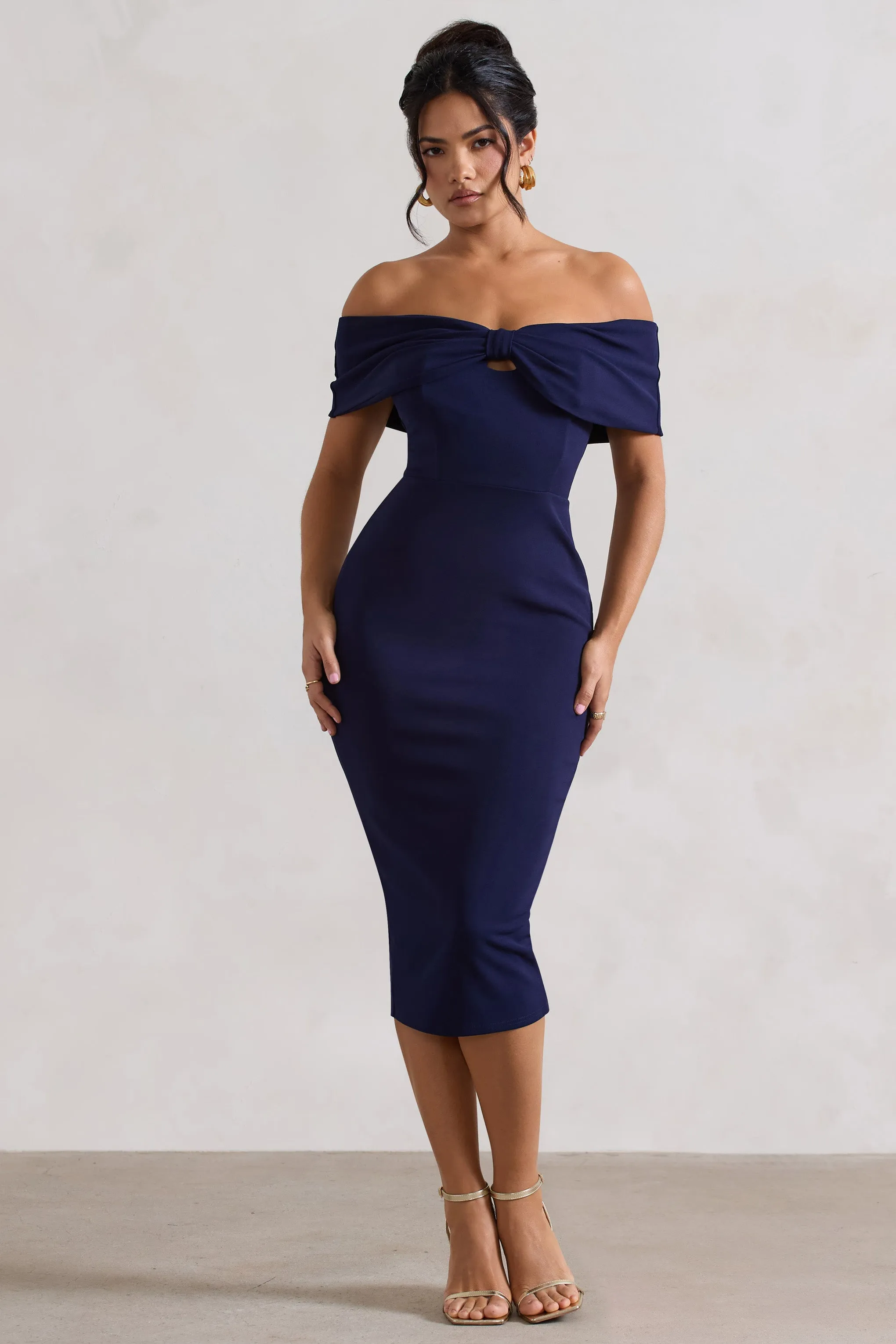 Hope | Navy Bow Bardot Midi Dress sold by Club L London