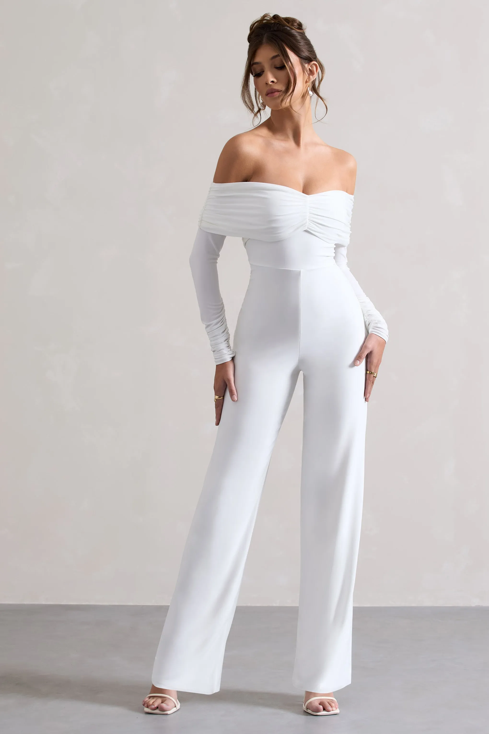 Jules | White Bardot Long-Sleeve Straight-Leg Jumpsuit sold by Club L London product image thumbnail 5